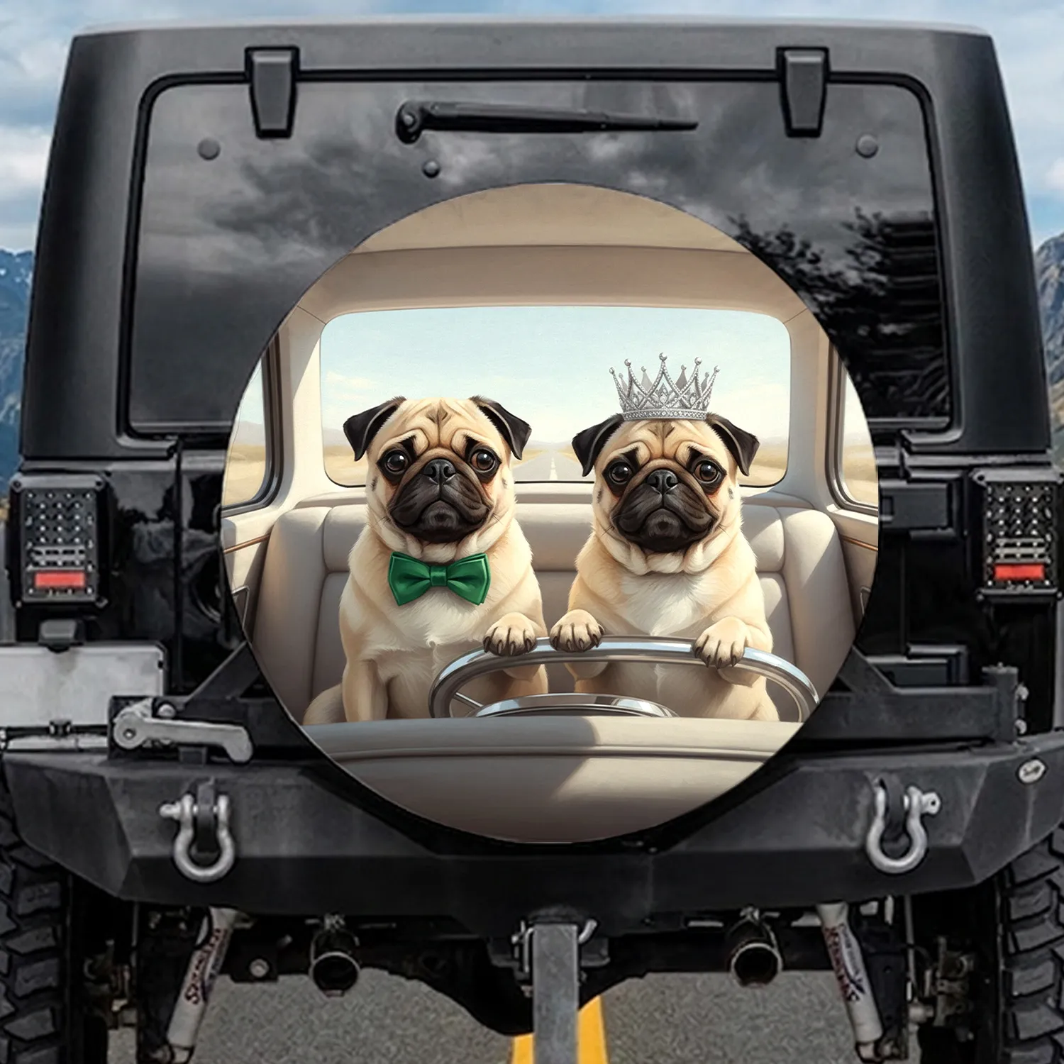 Pugs Bow Tie Crown Car Interior - Road Trip Travel Gift Spare Tire Cover - 1