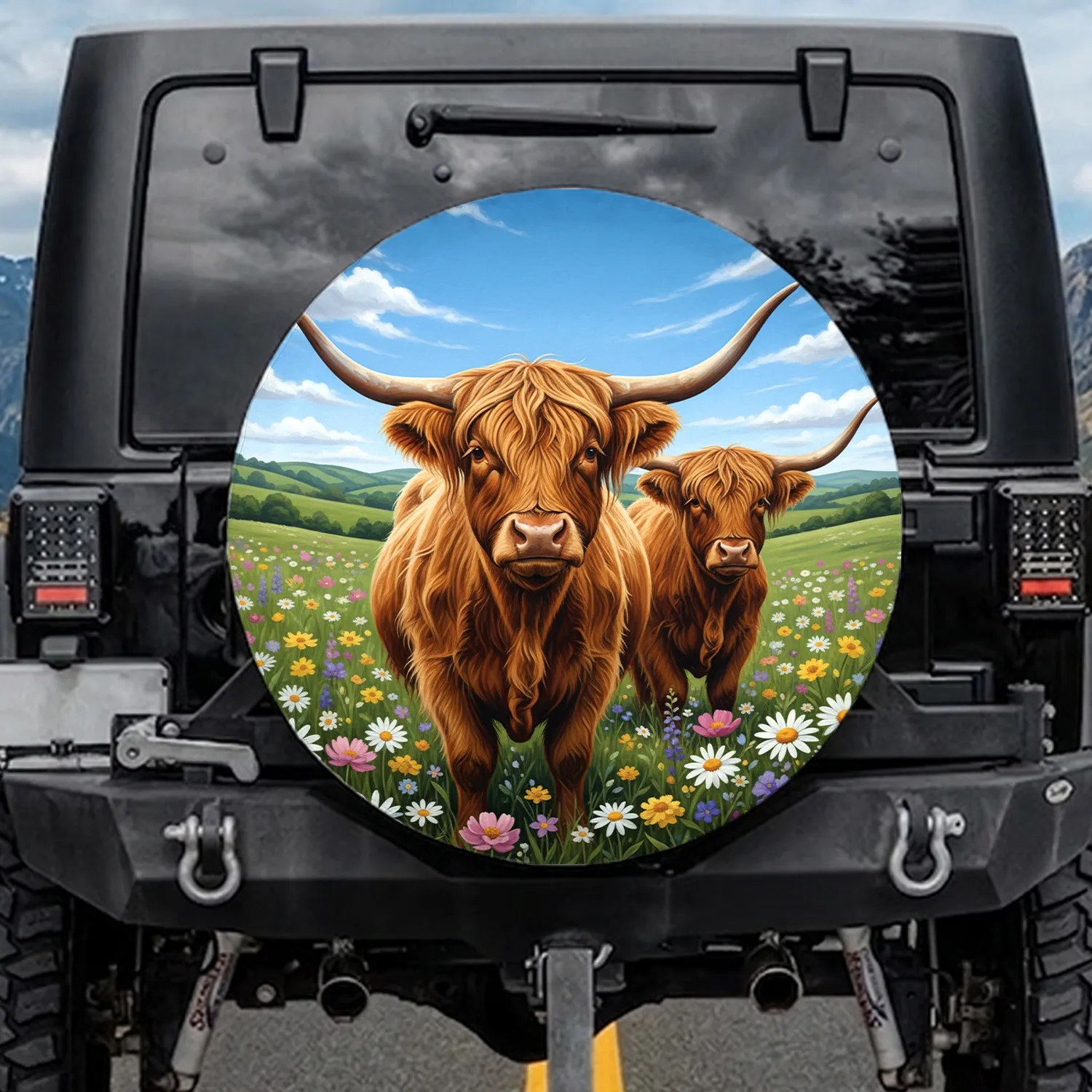 Highland Cow Wildflower Meadow Landscape - Farmhouse Home Decor Gift Spare Tire Cover - 1