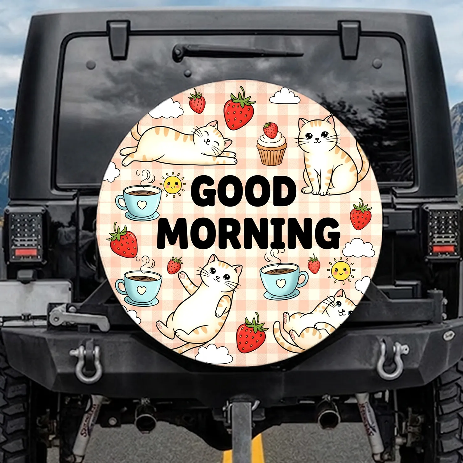 Cute Cartoon Cats Strawberries Coffee Cupcakes Suns 'GOOD MORNING' - Cat Lover Gift Spare Tire Cover - 1