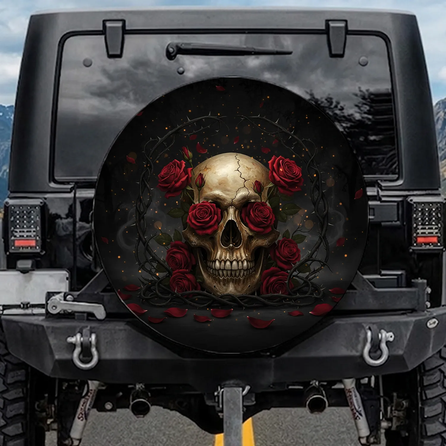 Weathered Human Skull Red Roses Thorny Vines - Car Decor Accessory Spare Tire Cover - 1