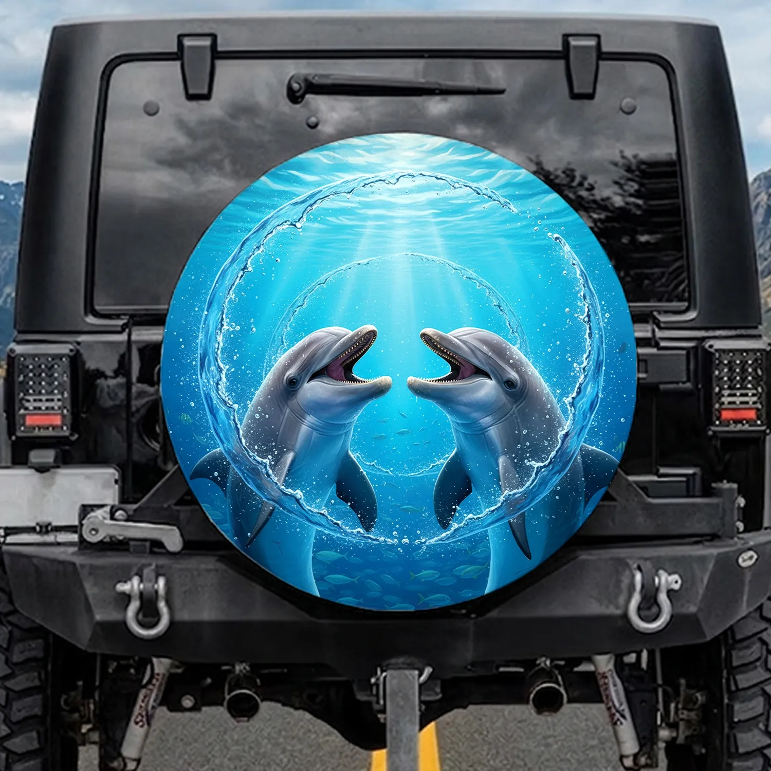 Atlantic Bottlenose Dolphins Sparkling Ocean Water - Wildlife Lover Gift Spare Tire Cover - 1