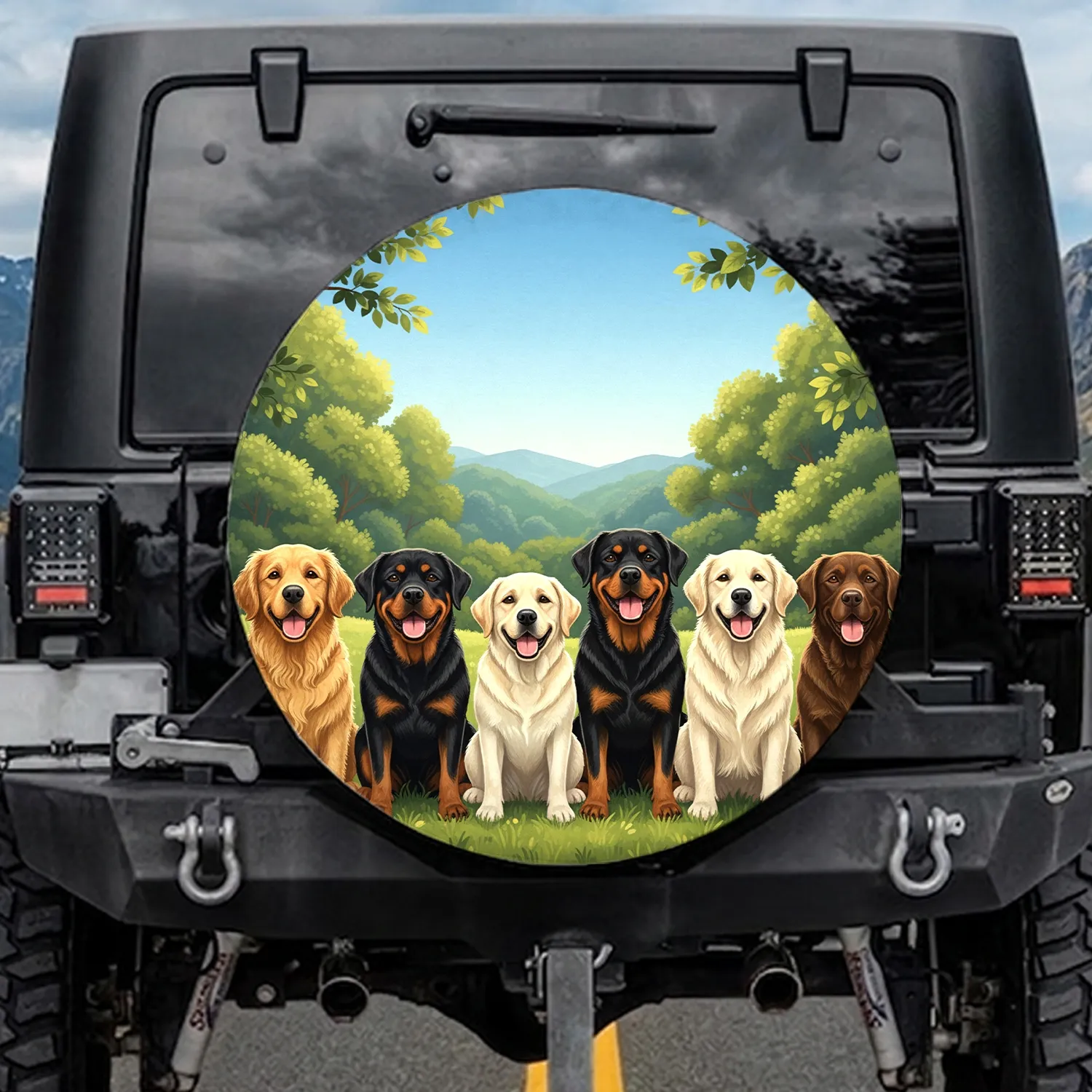 Smiling Golden Labrador Rottweiler Dogs Natural Landscape Forest - Dog Lover Gift Spare Tire Cover - 1