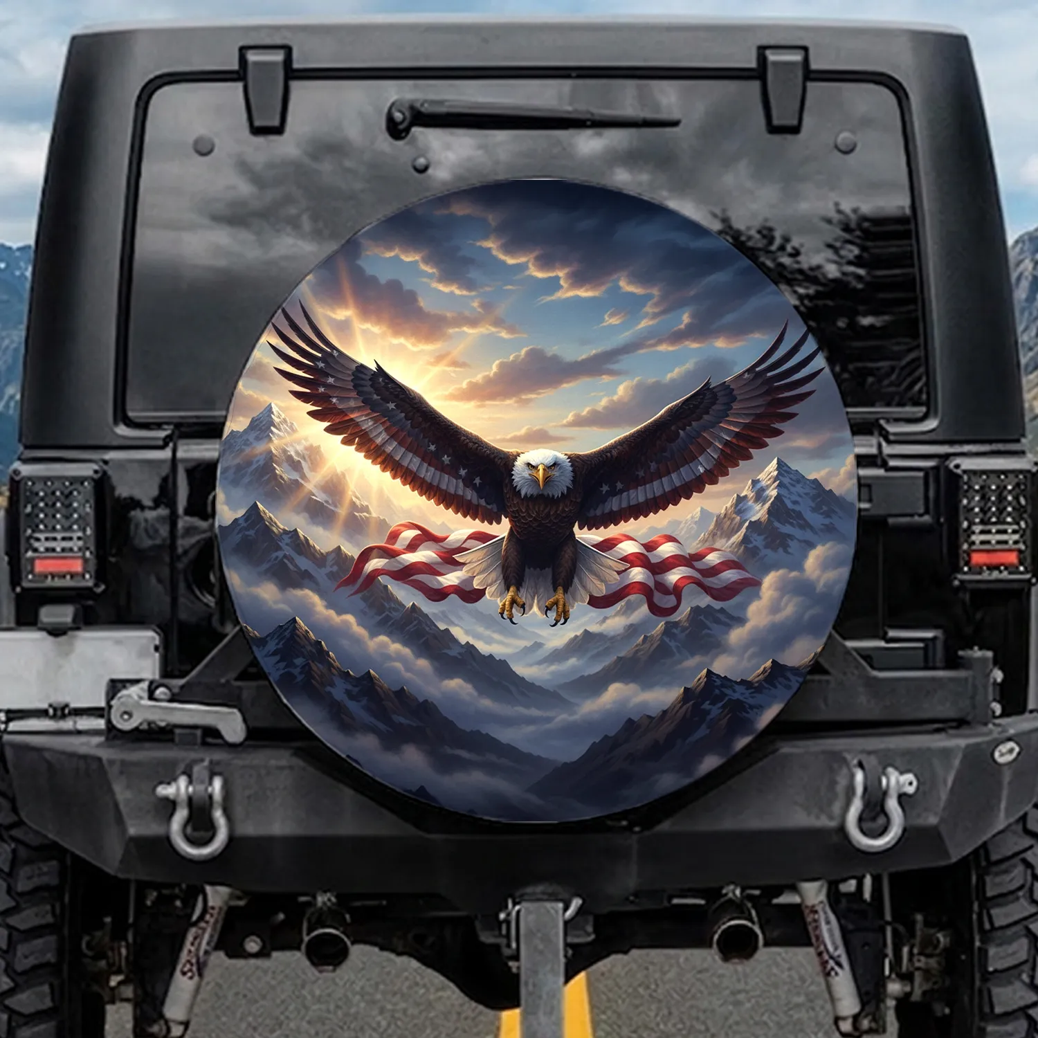 Bald Eagle American Flag Mountain Clouds Patriotic Vehicle Decor for Veterans Spare Tire Cover - 1