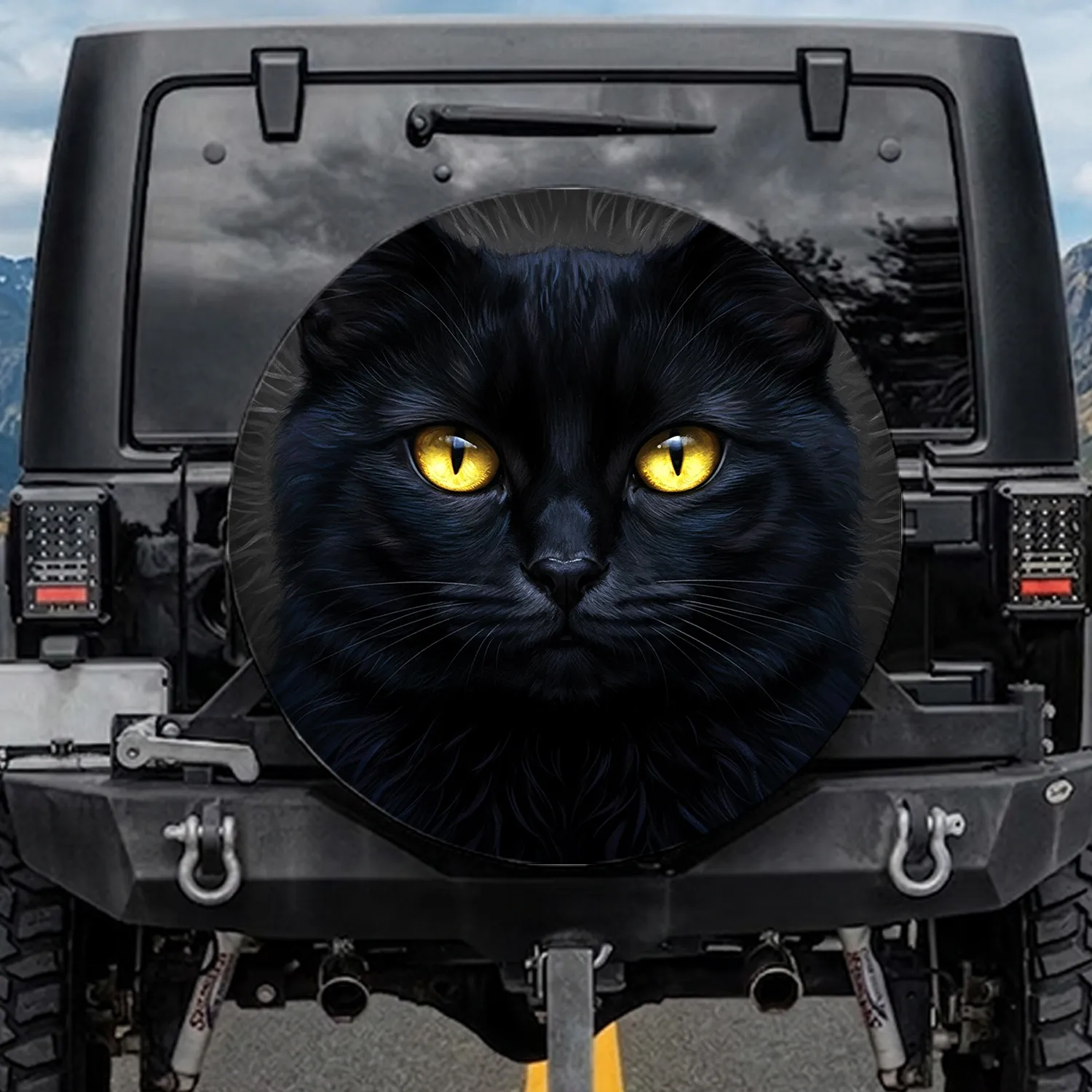 Black Cat Luminous Golden Eyes Deep Charcoal Fur - Wildlife Lover Everyday Gift Spare Tire Cover - 1
