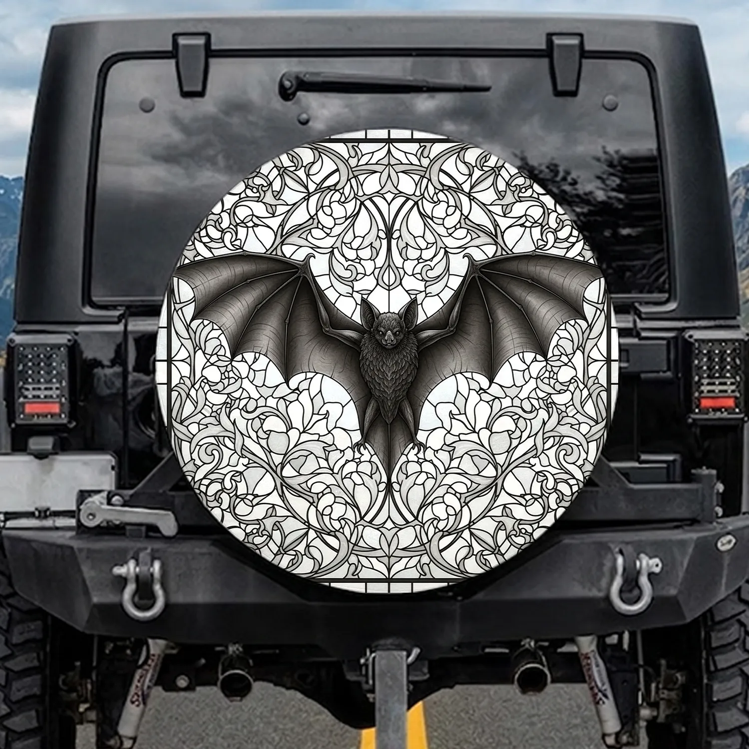 Winged Bat Stained Glass Floral Mosaic - Gothic Home Decor Gift for Bat Lovers Spare Tire Cover - 1