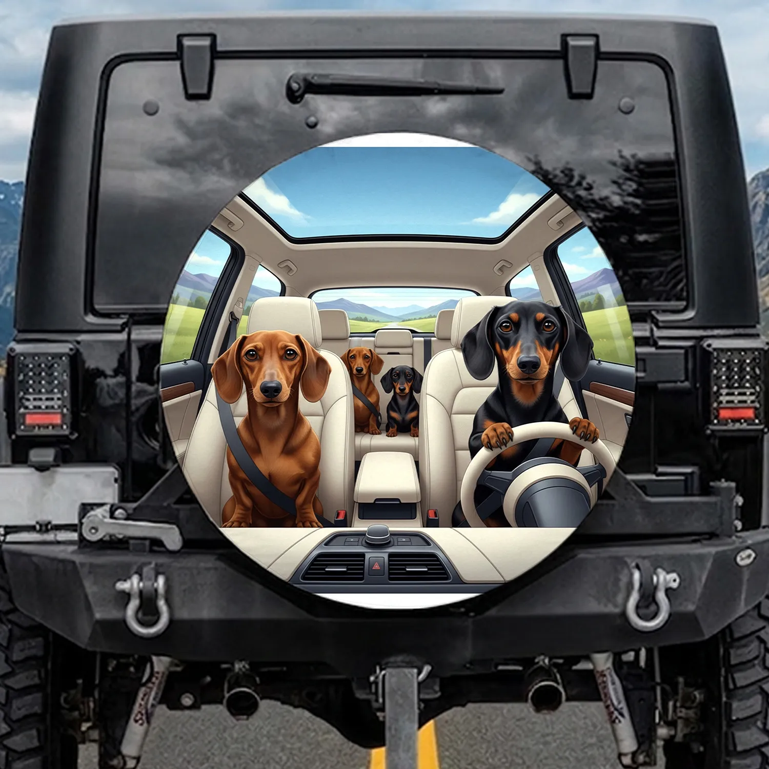 Dachshund Car Ride Mountain Landscape - Dachshund Lover Travel Gift Spare Tire Cover - 1