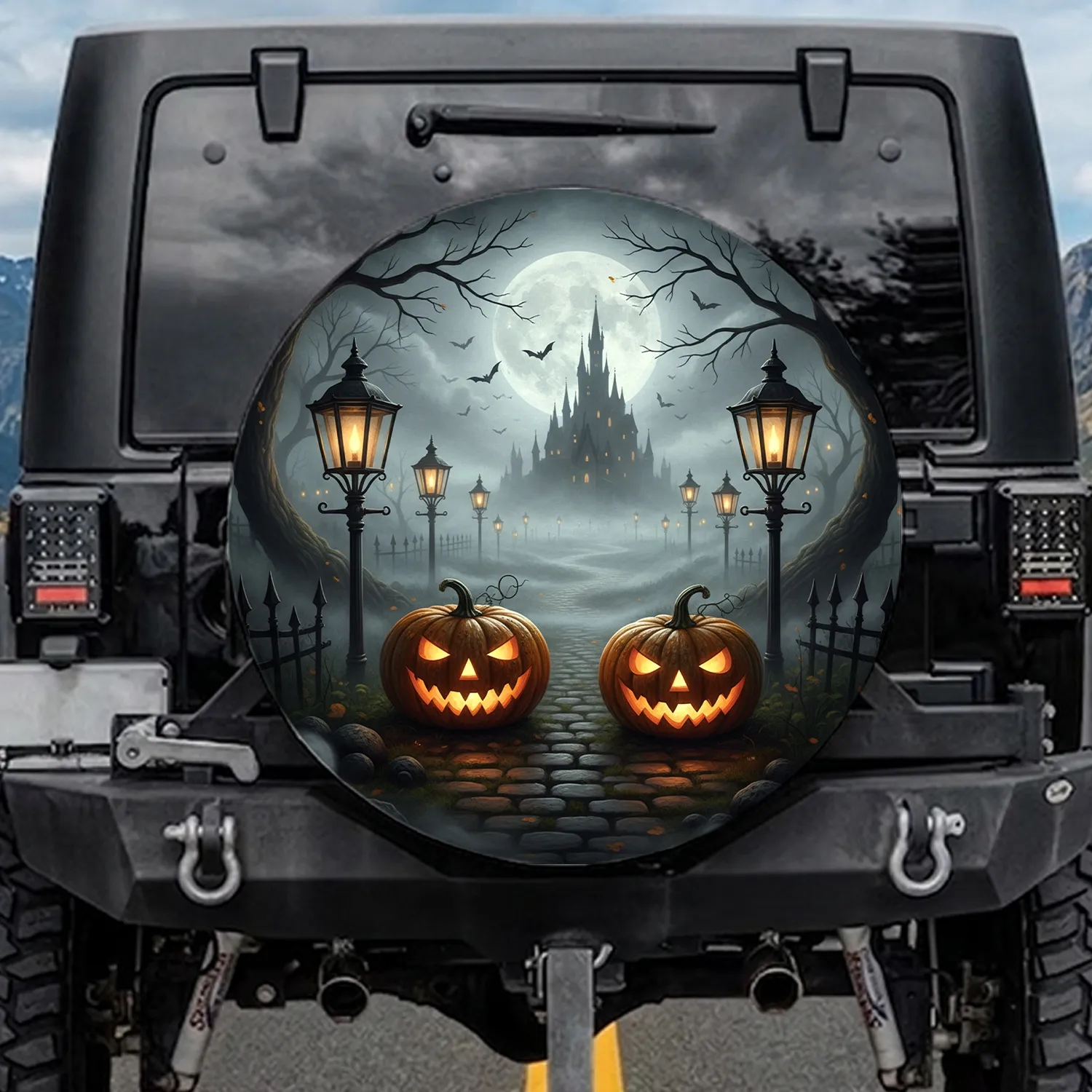 Jack-O'-Lantern Castle Bats Gothic Halloween Decor Gift Spare Tire Cover - 1