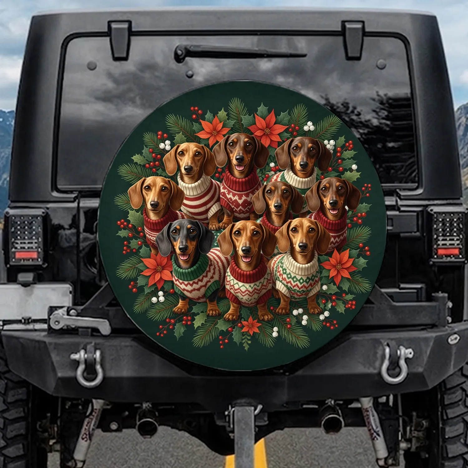 Seven Dachshunds Festive Winter Sweaters Christmas Holiday Gift for Dog Lover Spare Tire Cover - 1