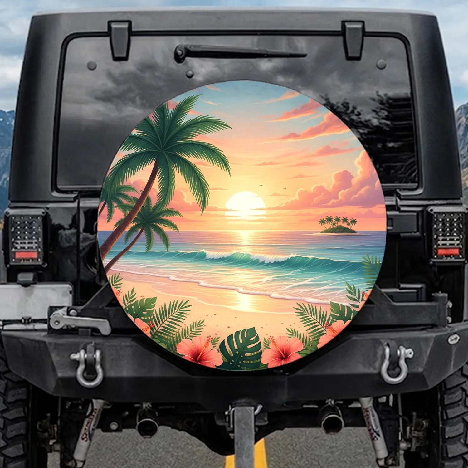 Tropical Beach Sunset Palm Trees Hibiscus Ocean - Home Decor Gift Spare Tire Cover - 1