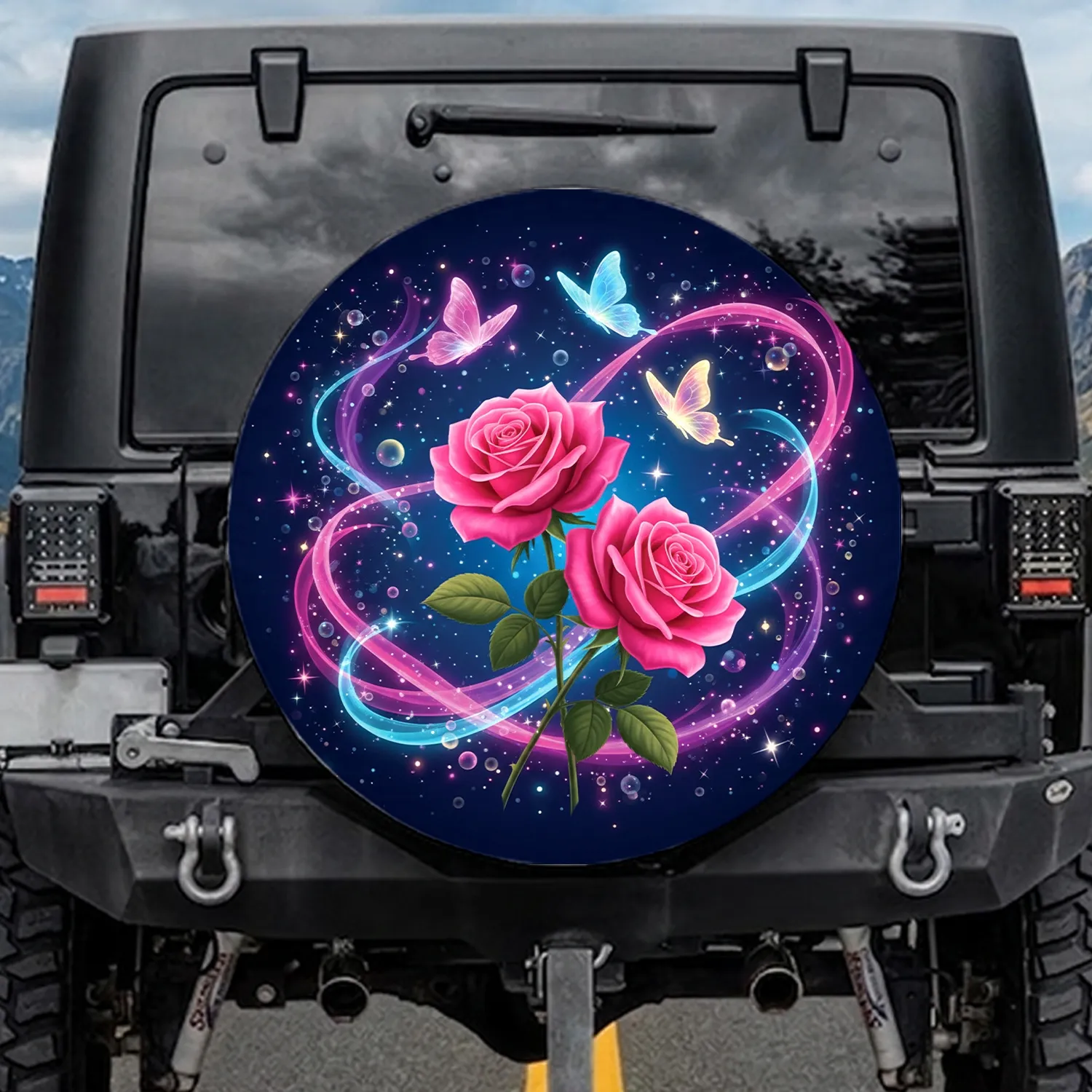 Pink Roses Iridescent Butterflies Glowing Waves Starlight - Home Decor Gift Spare Tire Cover - 1