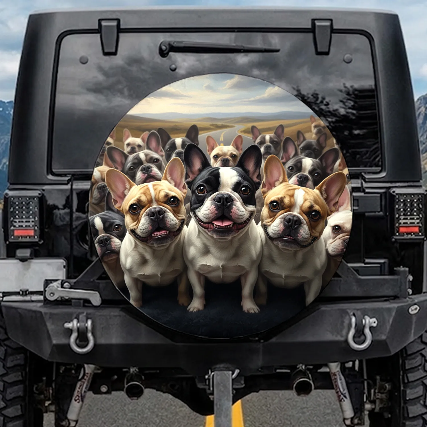 Black White Fawn French Bulldogs Piled Up Outdoor Road Scene - Dog Lover Gift Spare Tire Cover - 1