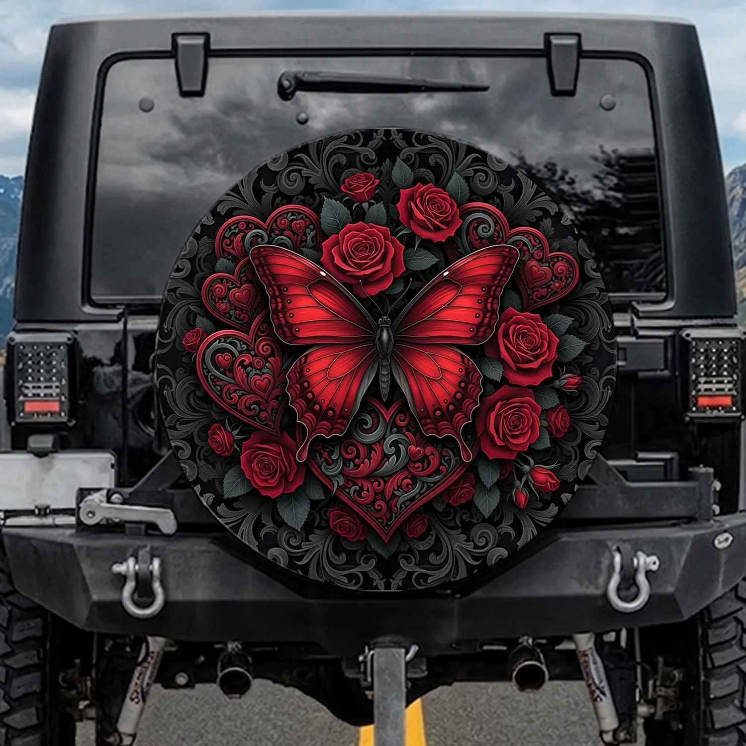 Red Butterfly Roses Hearts Swirling Vines - Home Decor Gift for Butterfly Lover Spare Tire Cover - 1