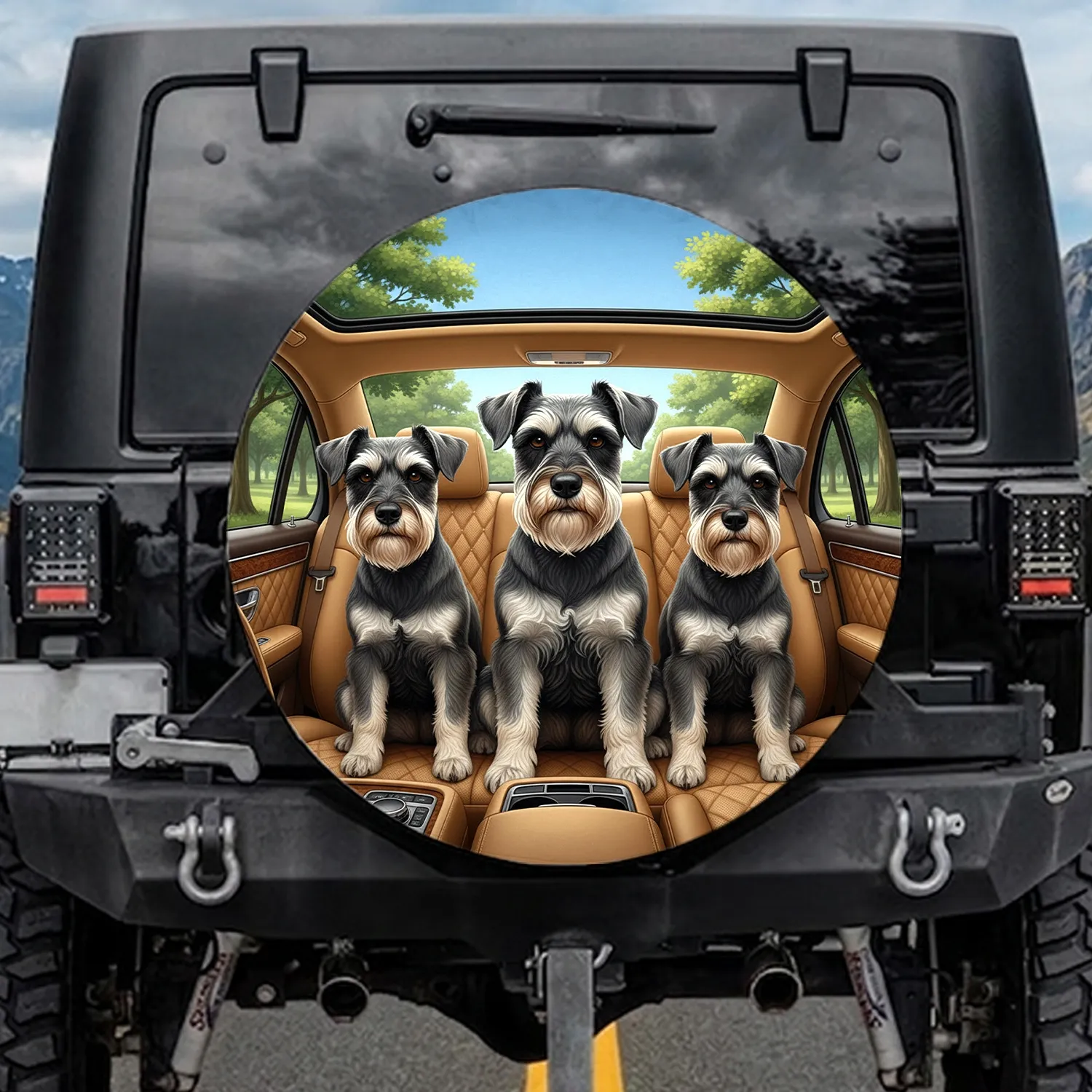 Three Schnauzer Dogs Vehicle Interior Sunny Landscape - Schnauzer Owner Travel Gift Spare Tire Cover - 1