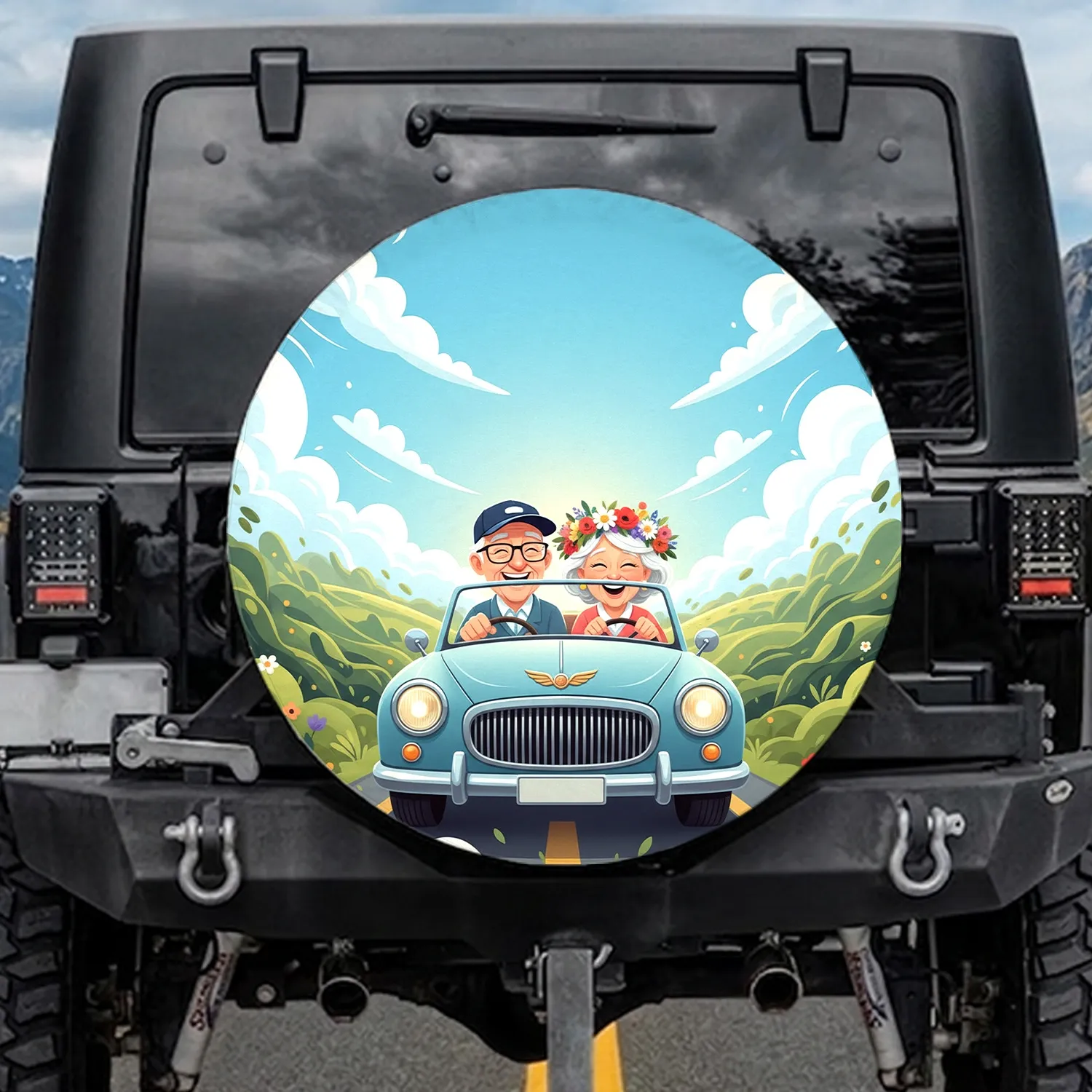 Joyous Couple Vintage Convertible Scenic Road Trip Grandparents Gift Spare Tire Cover - 1