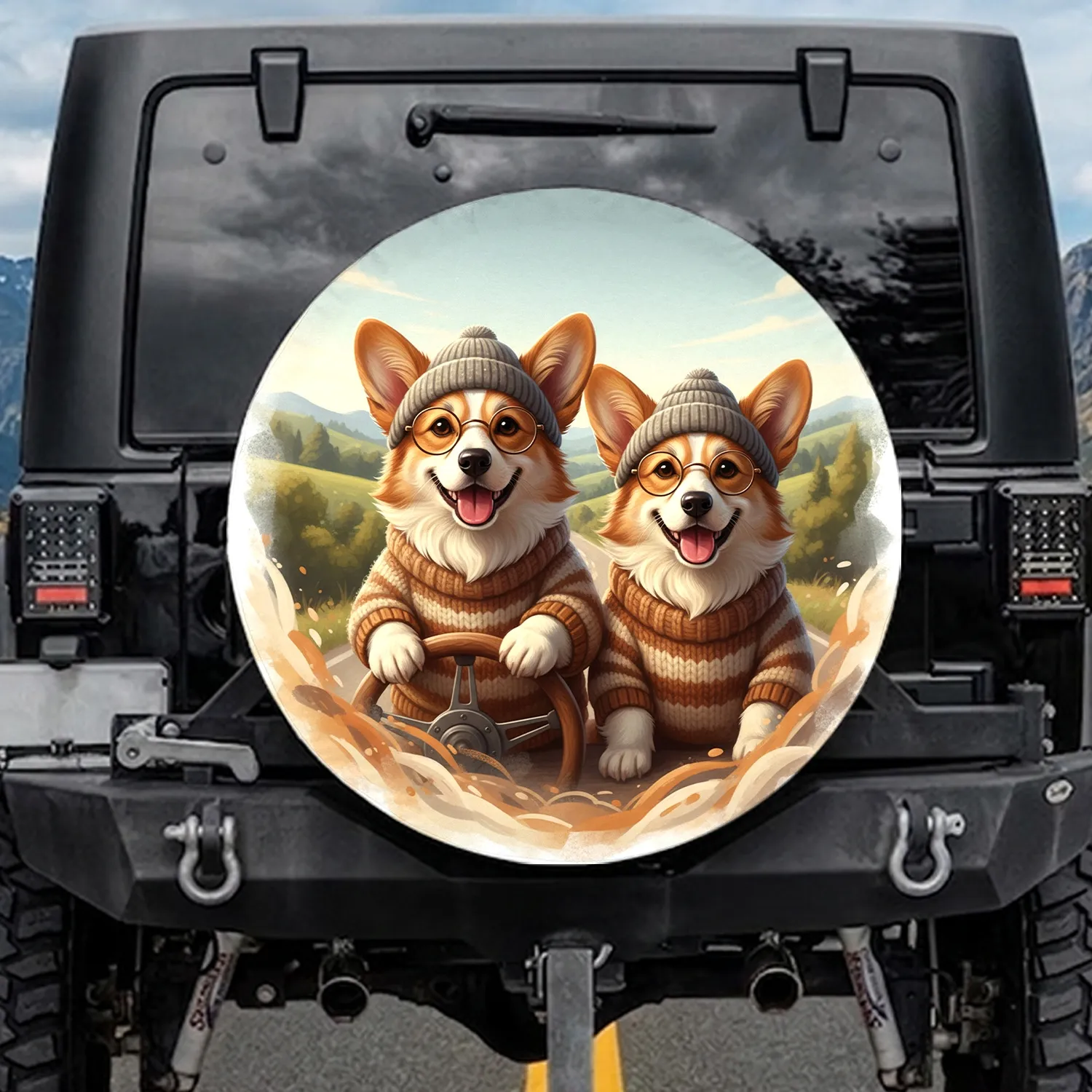 Welsh Corgis Beanies Glasses Driving Road Trip - Corgi Lover Adventure Gift Spare Tire Cover - 1