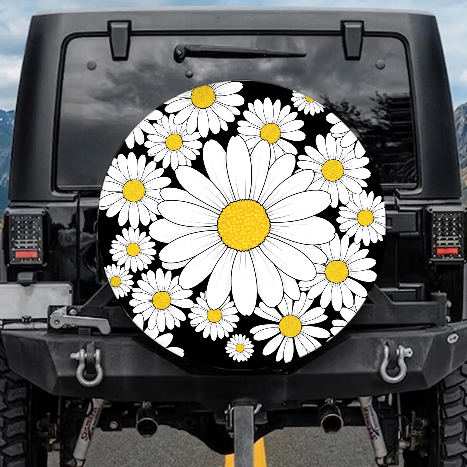Black Field White Daisy Flower Cluster - Nature Lover Gift for Flower Lovers Spare Tire Cover - 1