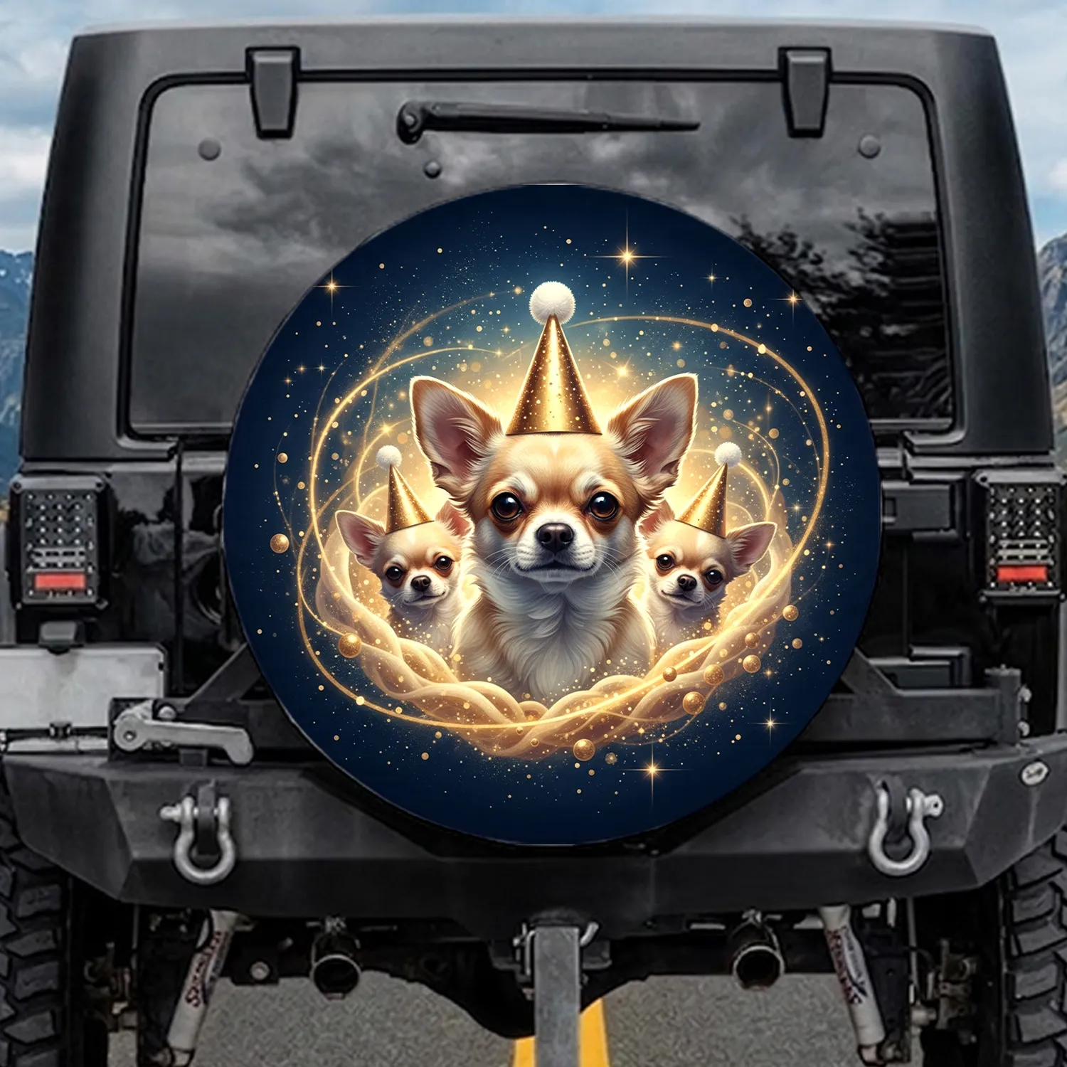 Chihuahuas Sparkling Golden Party Hats Celestial Night Sky Starbursts Shimmering Dust - Dog Lover Gift Spare Tire Cover - 1