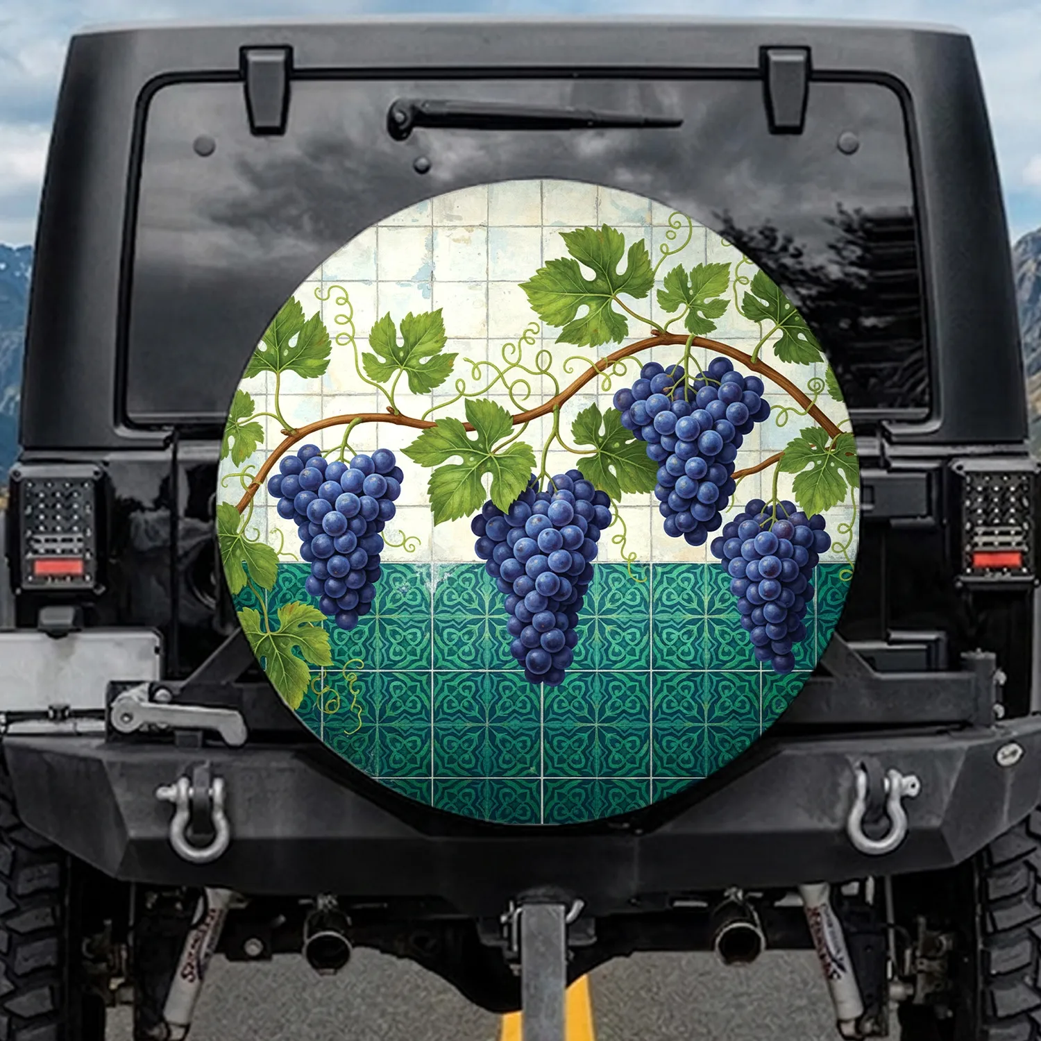 Lush Blue Grapes Verdant Grapevines Aged Tiled Wall - Garden Decor Gift Spare Tire Cover - 1