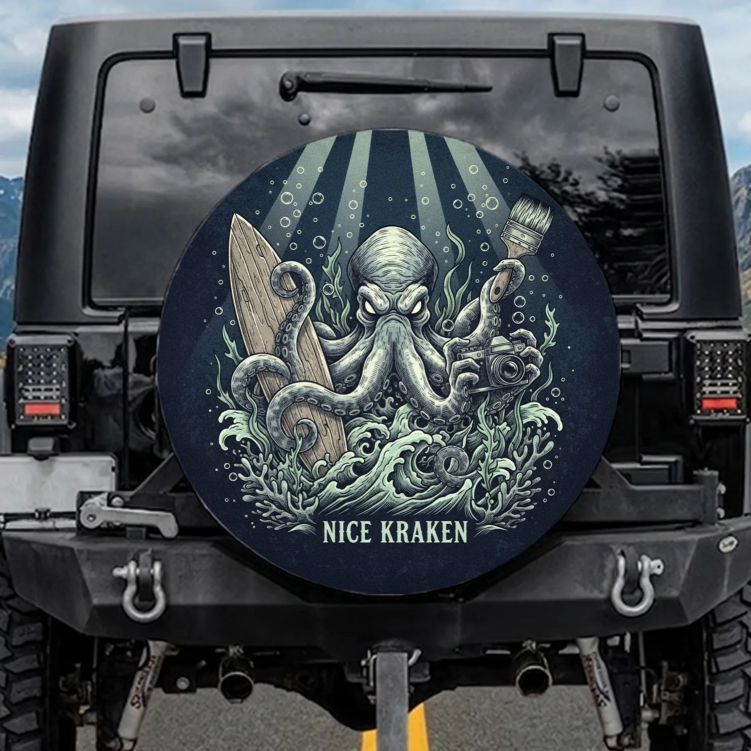 NICE KRAKEN Octopus Surfboard Paintbrush Camera Creature - Ocean Life Adventure Gift Spare Tire Cover - 1