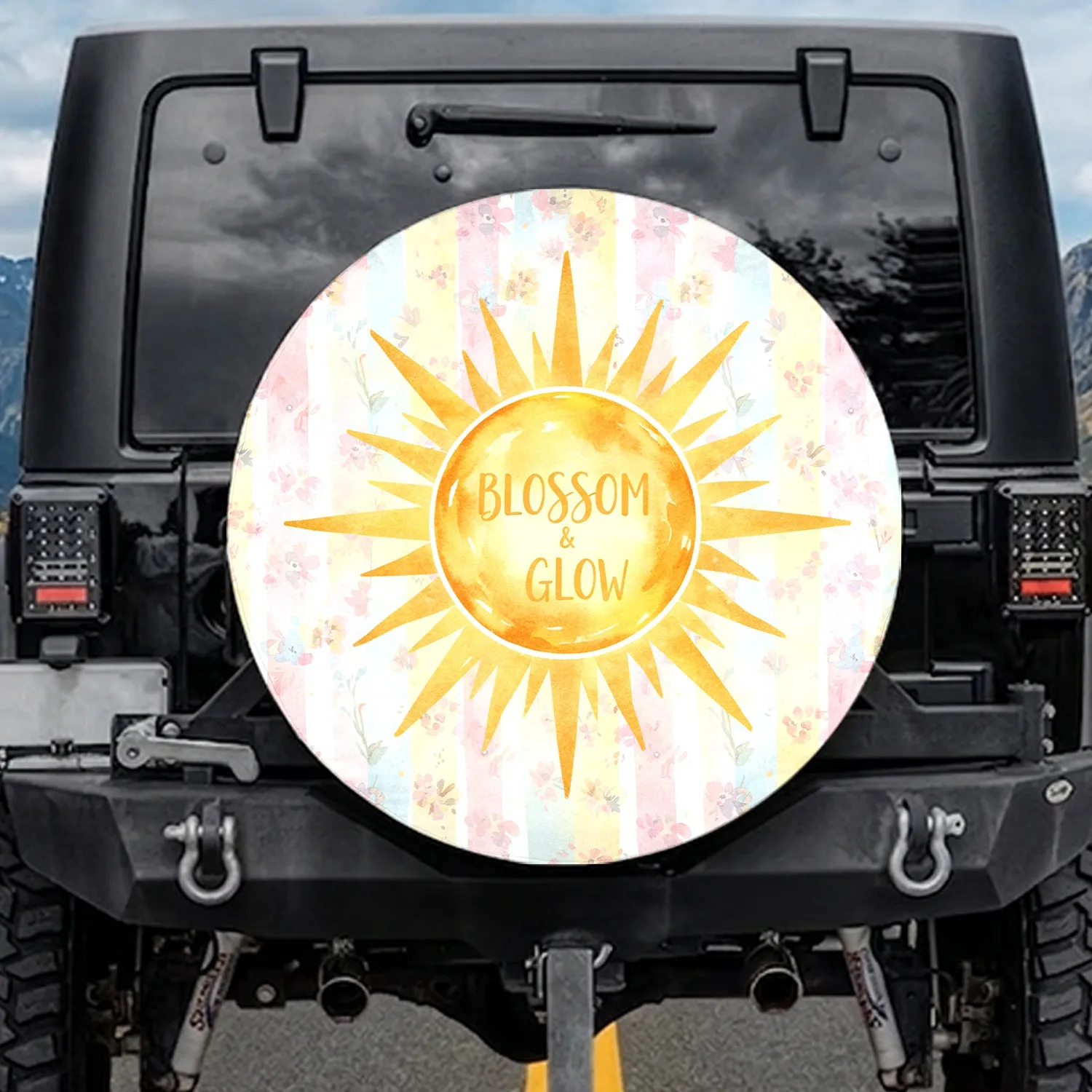 Organic Textured Golden Sun Delicate Blossoms Vertical Stripe Vehicle Decor Gift Spare Tire Cover - 1