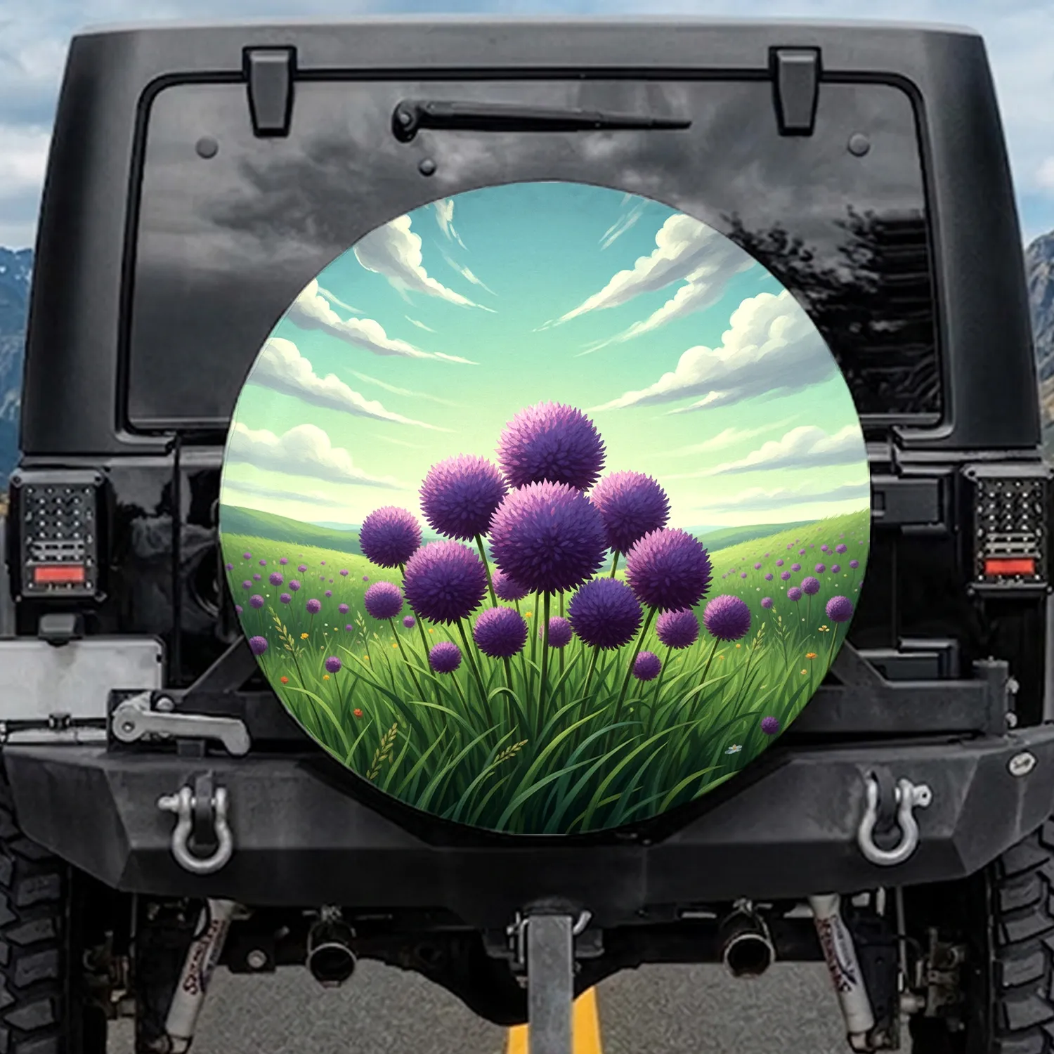 Purple Allium Thistle Flowers Green Hills Sky - Nature Lover Gift Spare Tire Cover - 1