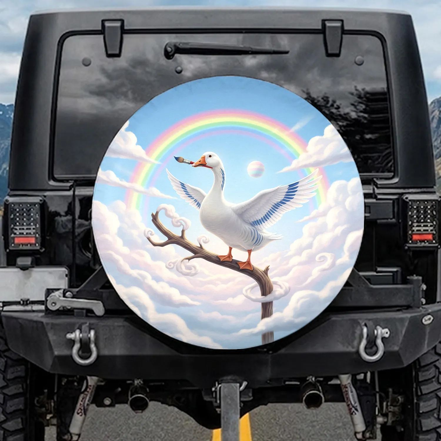 White Goose Blue Feather Wings Rainbow Sky Floating Sphere - Wildlife Lover Gift Spare Tire Cover - 1