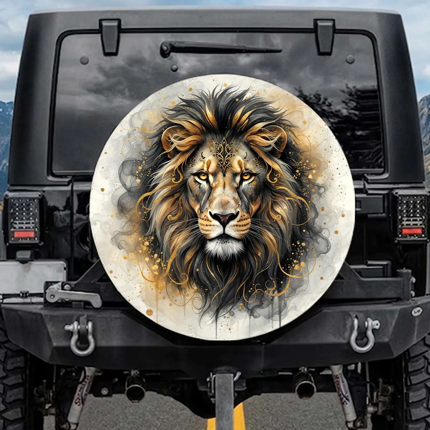 Majestic Lion Head Golden Mane Filigree Smoky Mist - Wildlife Lover Gift Spare Tire Cover - 1
