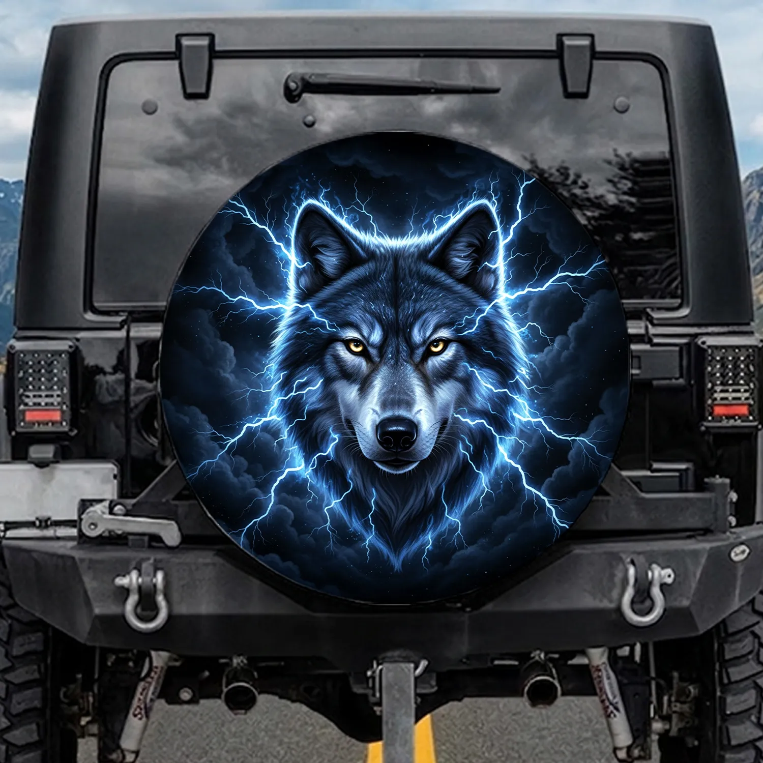 Majestic Wolf Head Golden Eyes Radiating Electric Blue Lightning - Wildlife Lover Gift Spare Tire Cover - 1