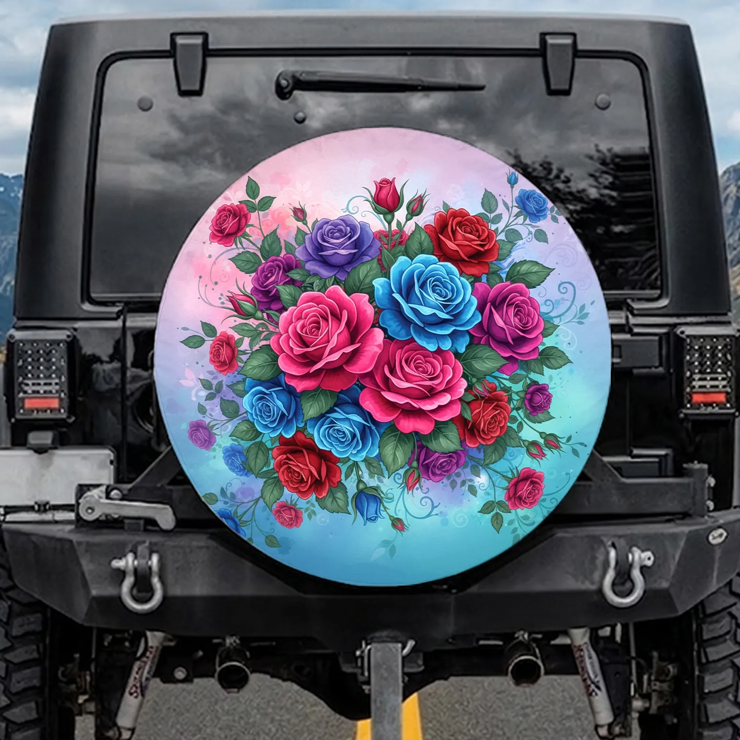 Fuchsia Red Royal Purple Roses Botanical Foliage - Floral Lover Gift Spare Tire Cover - 1