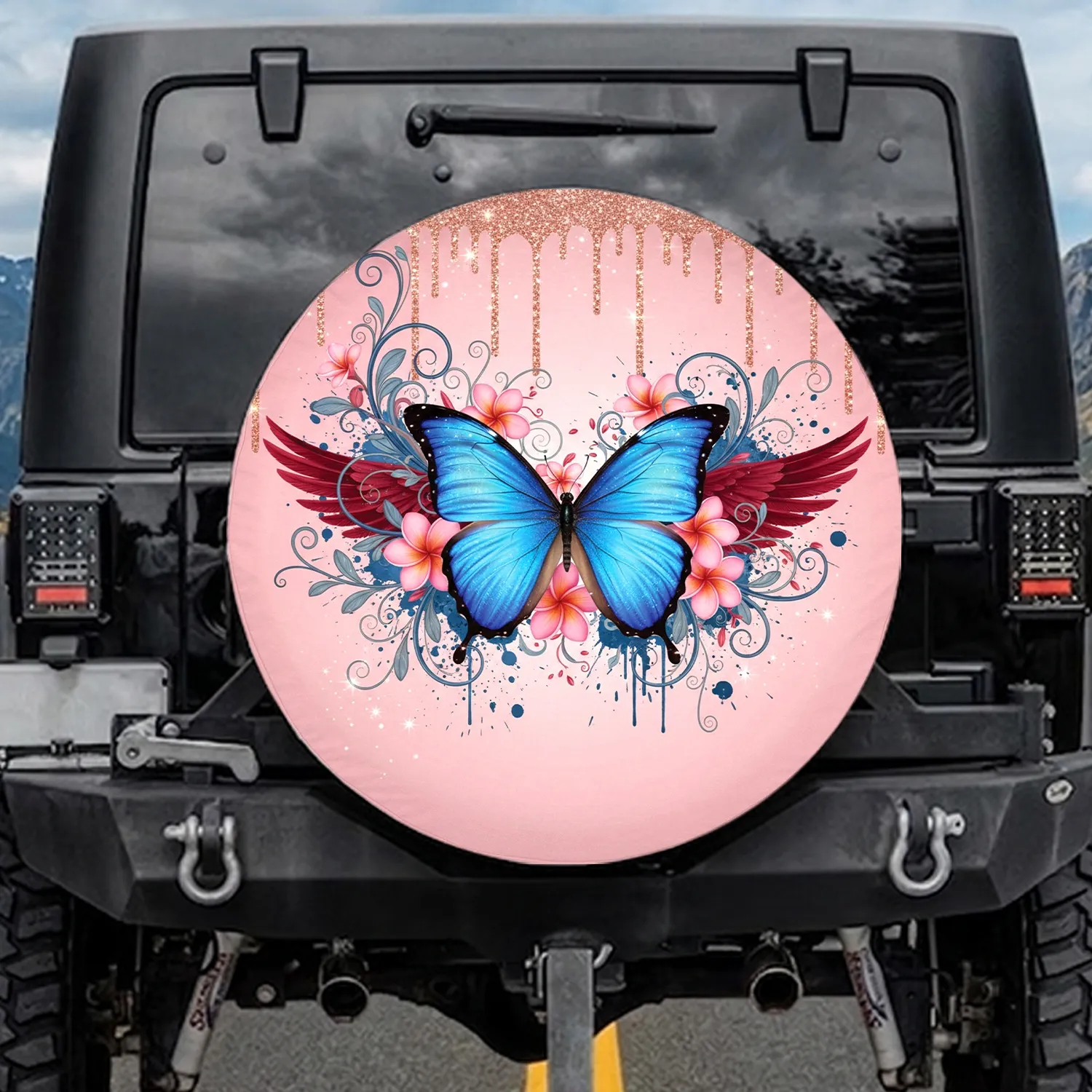 Blue Morpho Butterfly Pink Plumeria Red Feathers Foliage - Nature Lover Gift Spare Tire Cover - 1