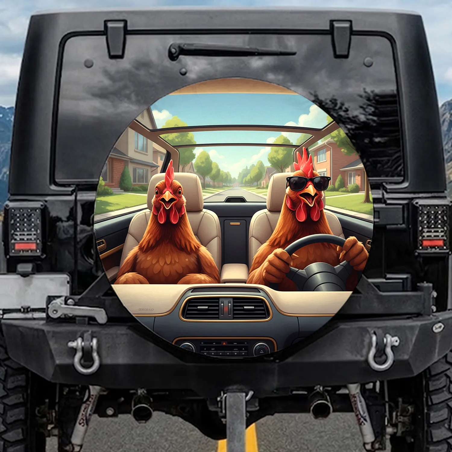 Chickens Driving Modern Suburban - Road Trip Gift for Chicken Lover Spare Tire Cover - 1