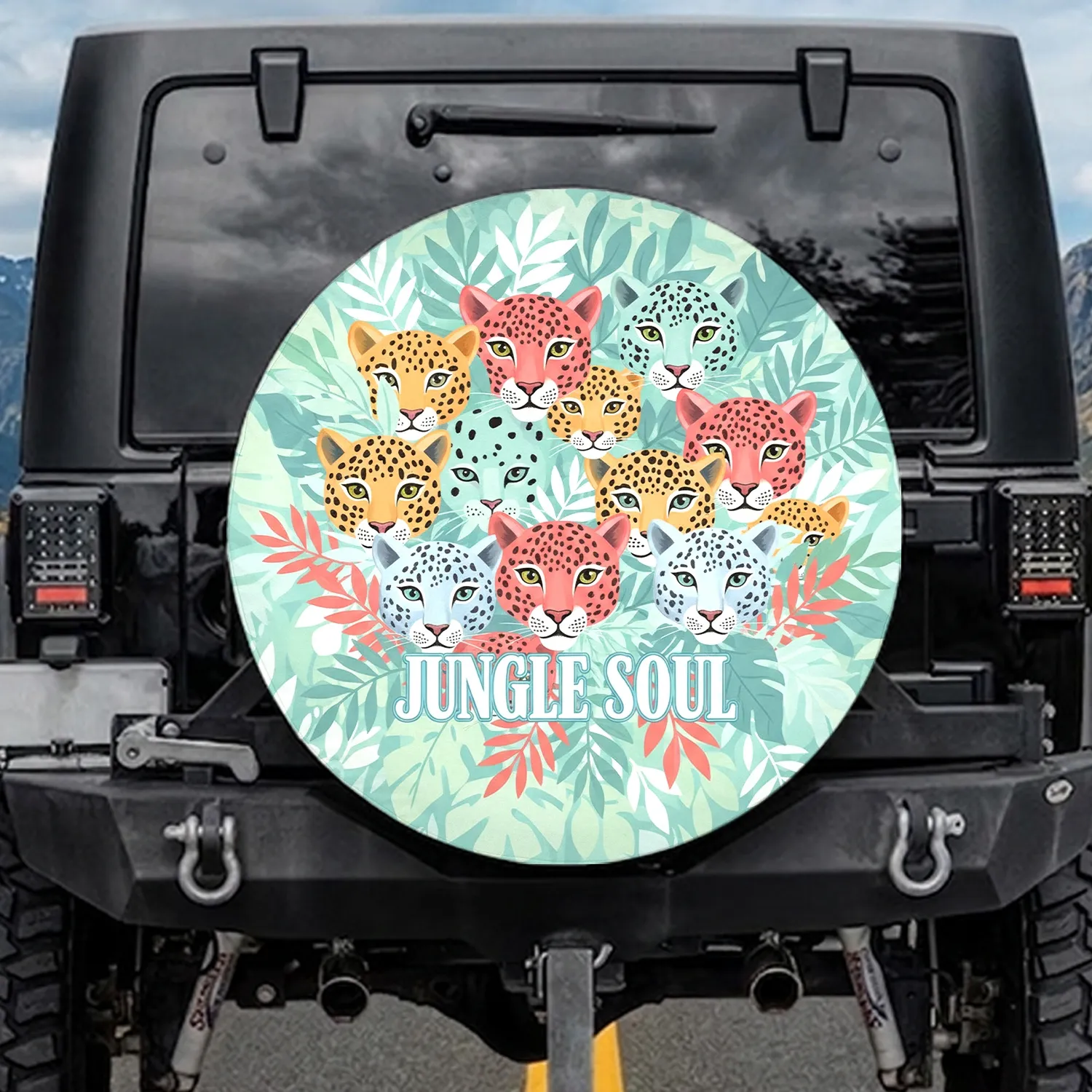 Leopard Jaguar Snow Leopard Faces Tropical Foliage - Wildlife Lover Gift Spare Tire Cover - 1