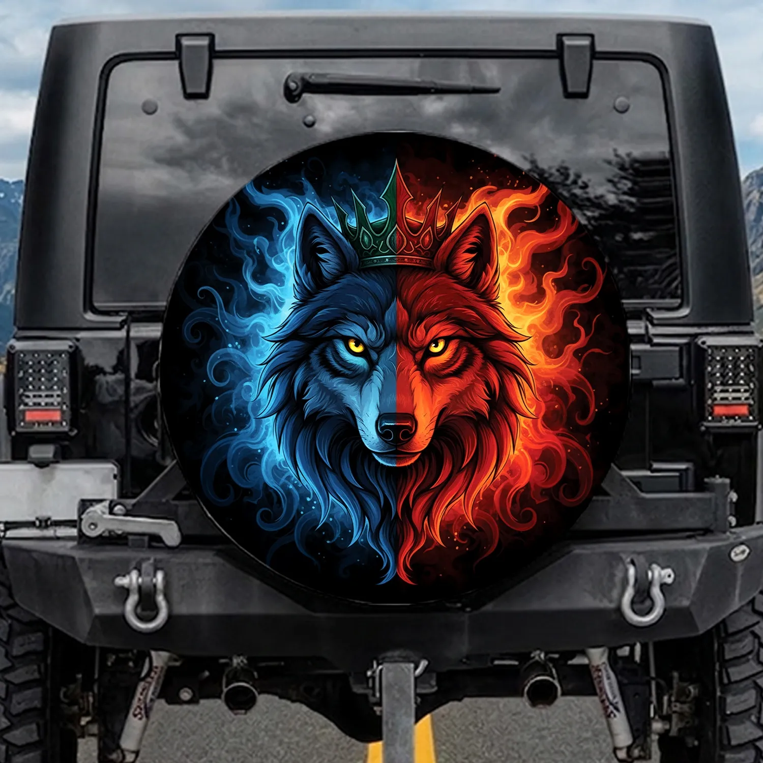Split Wolf Head Crown Fiery Blue Red Energy - Wild Animal Lover Gift Spare Tire Cover - 1