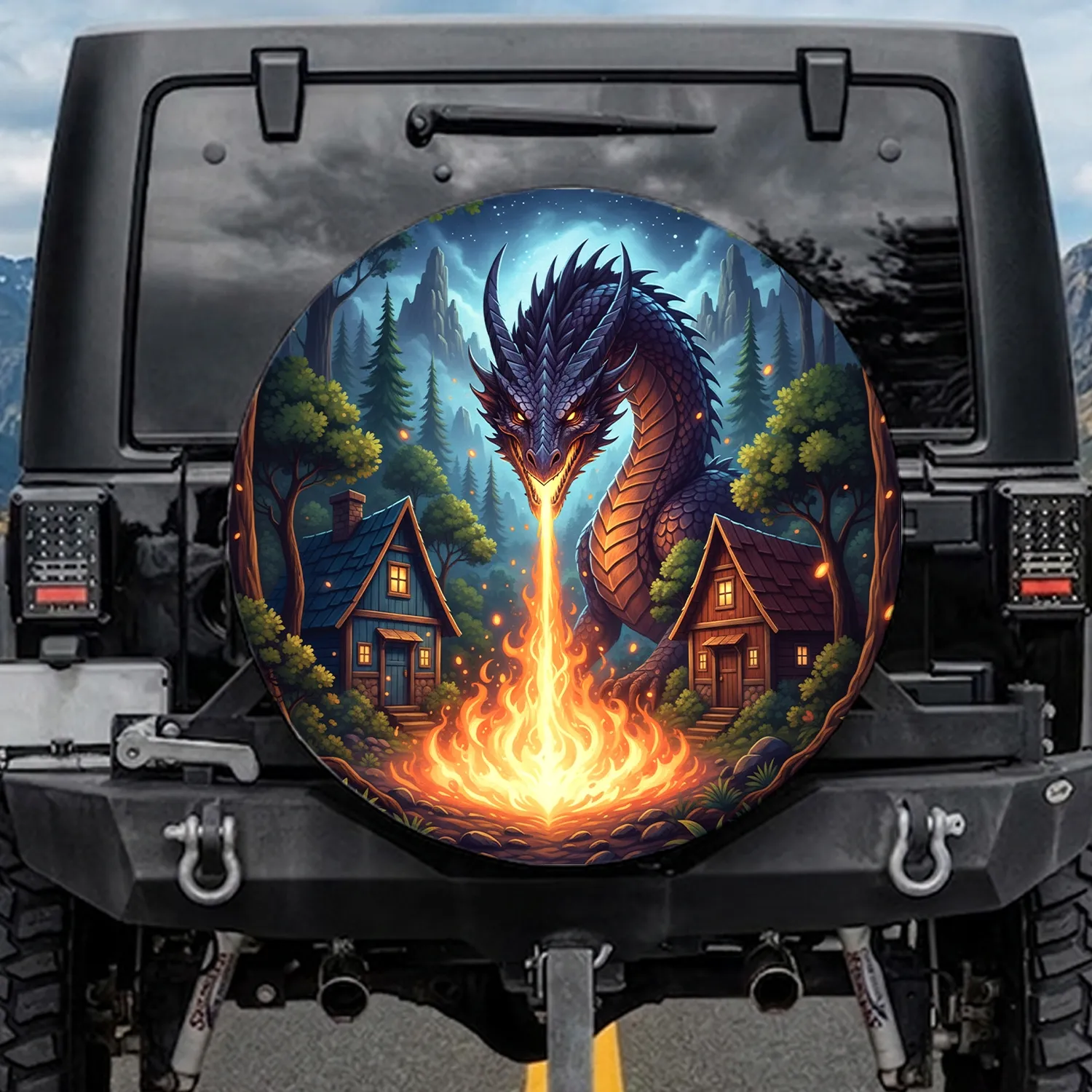 Fiery Purple Dragon Forest Houses - Fantasy Lover Adventure Gift Spare Tire Cover - 1