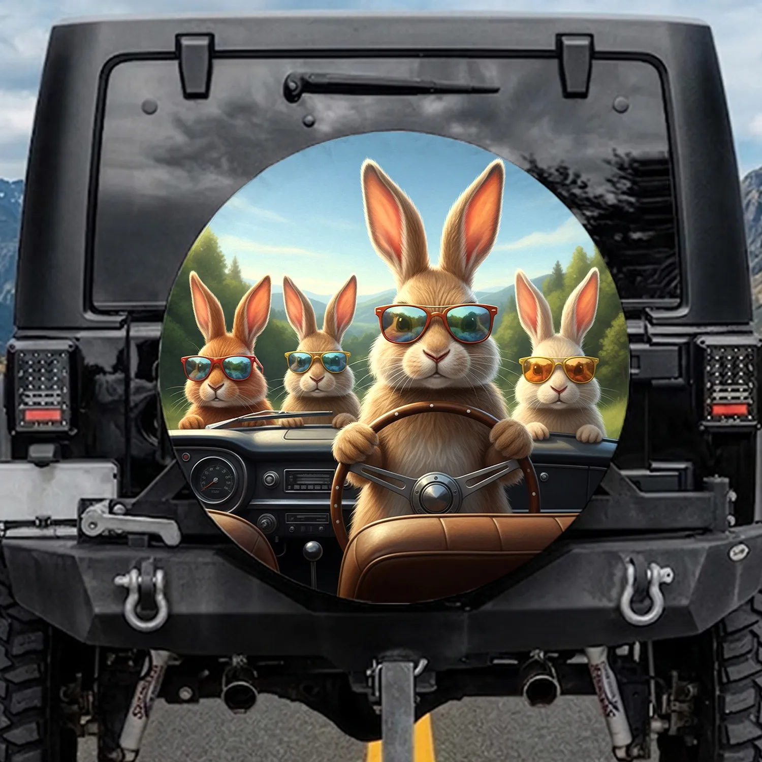 Five Rabbits Sunglasses Steering Wheel Classic Car Adventure Lover Gift Spare Tire Cover - 1