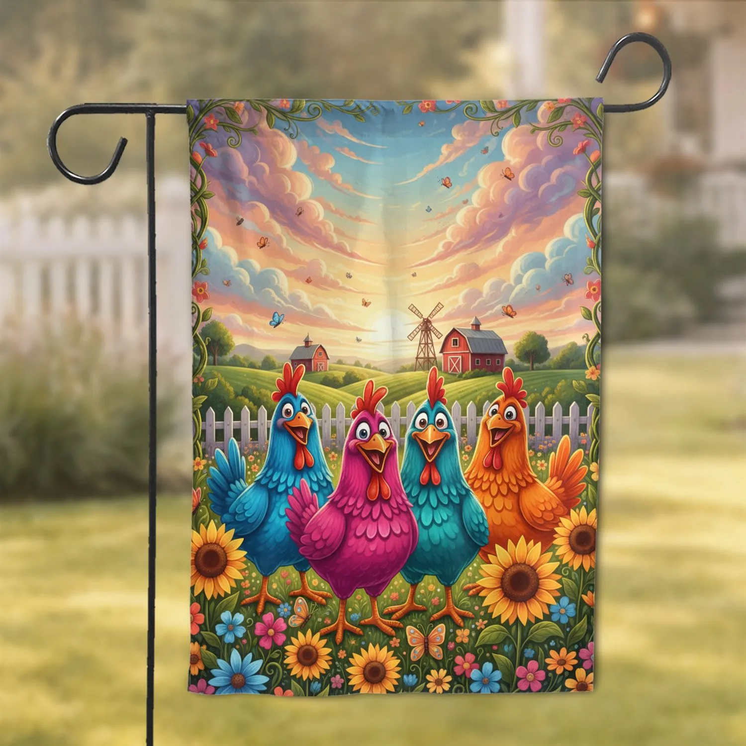 Cartoon Chickens Wildflowers Barn - Farmhouse Home Decor Gift for Chicken Lover Garden Flag - 1