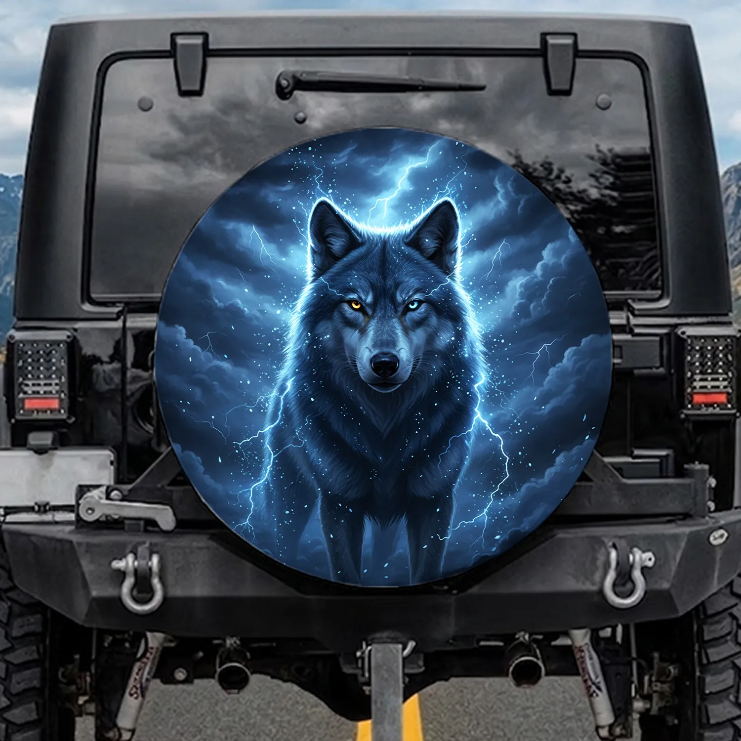Powerful Majestic Wolf Electric Lightning Storm - Wildlife Lover Gift for Wolf Lover Spare Tire Cover - 1