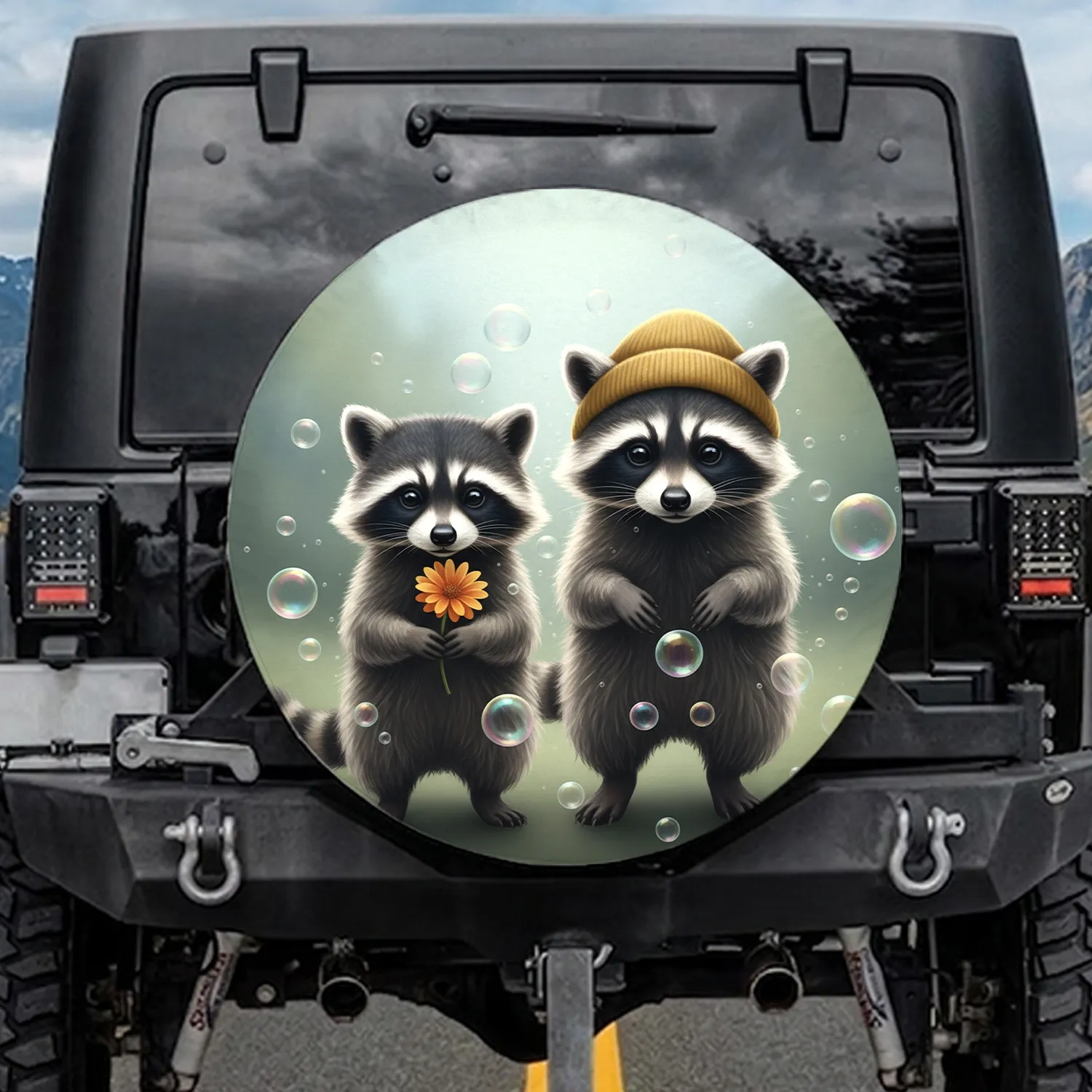 Raccoons Yellow Beanie Orange Flower Bubbles Natural Landscape Wildlife Gift Spare Tire Cover - 1