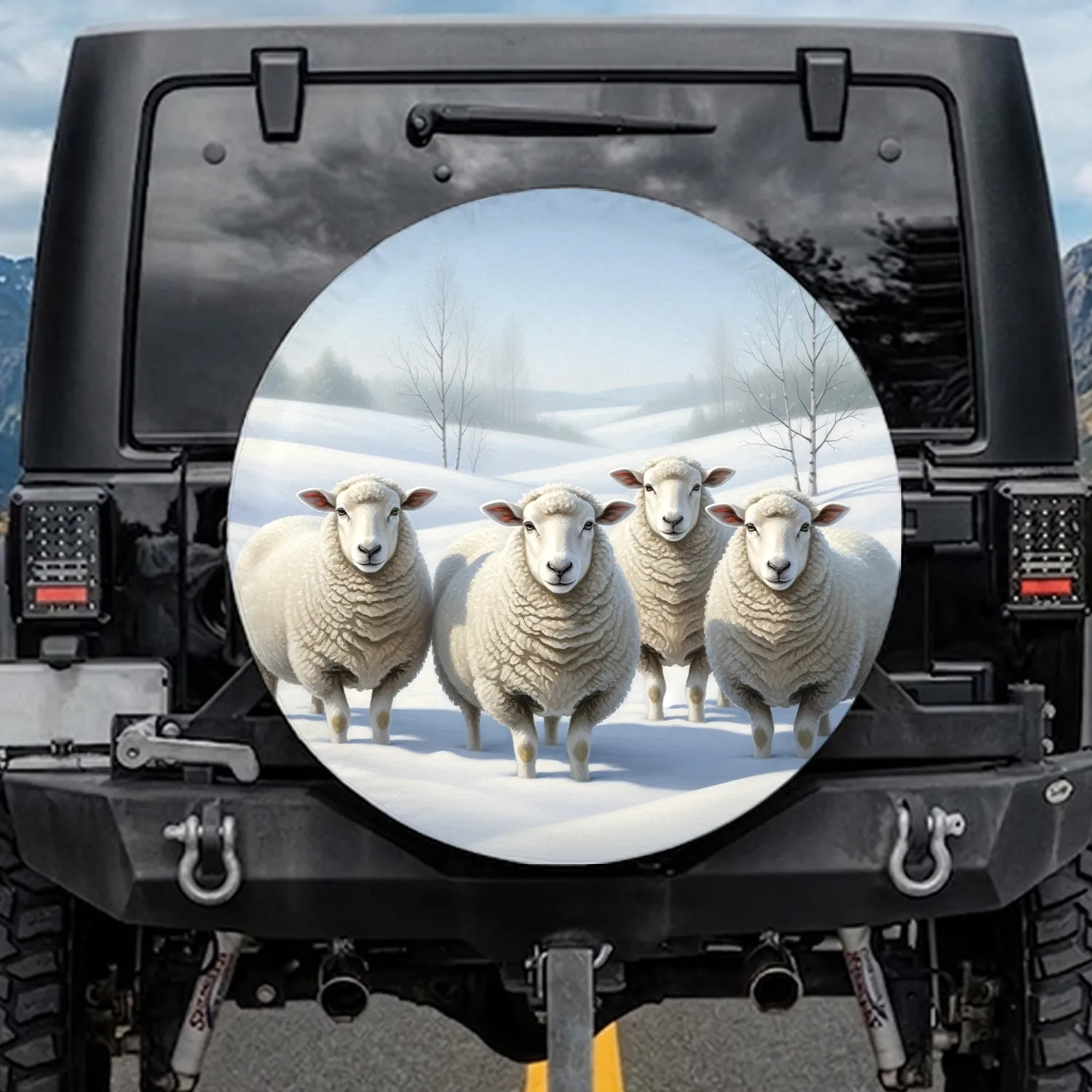 Fluffy White Sheep Snow Hills Winter Scene - Farmhouse Decor Animal Lover Gift Spare Tire Cover - 1