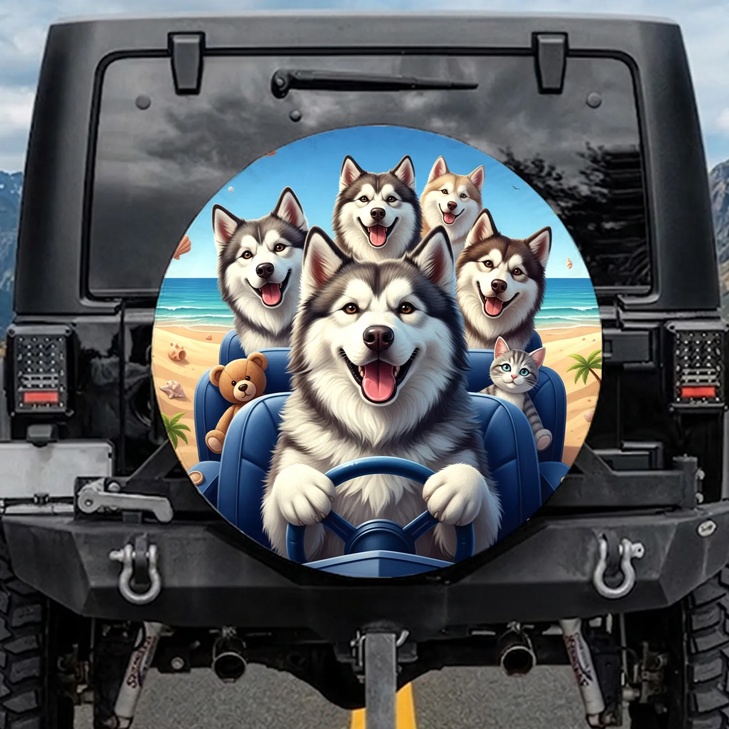 Five Husky Dogs Beach Ocean Ride - Dog Lover Travel Essentials Spare Tire Cover - 1