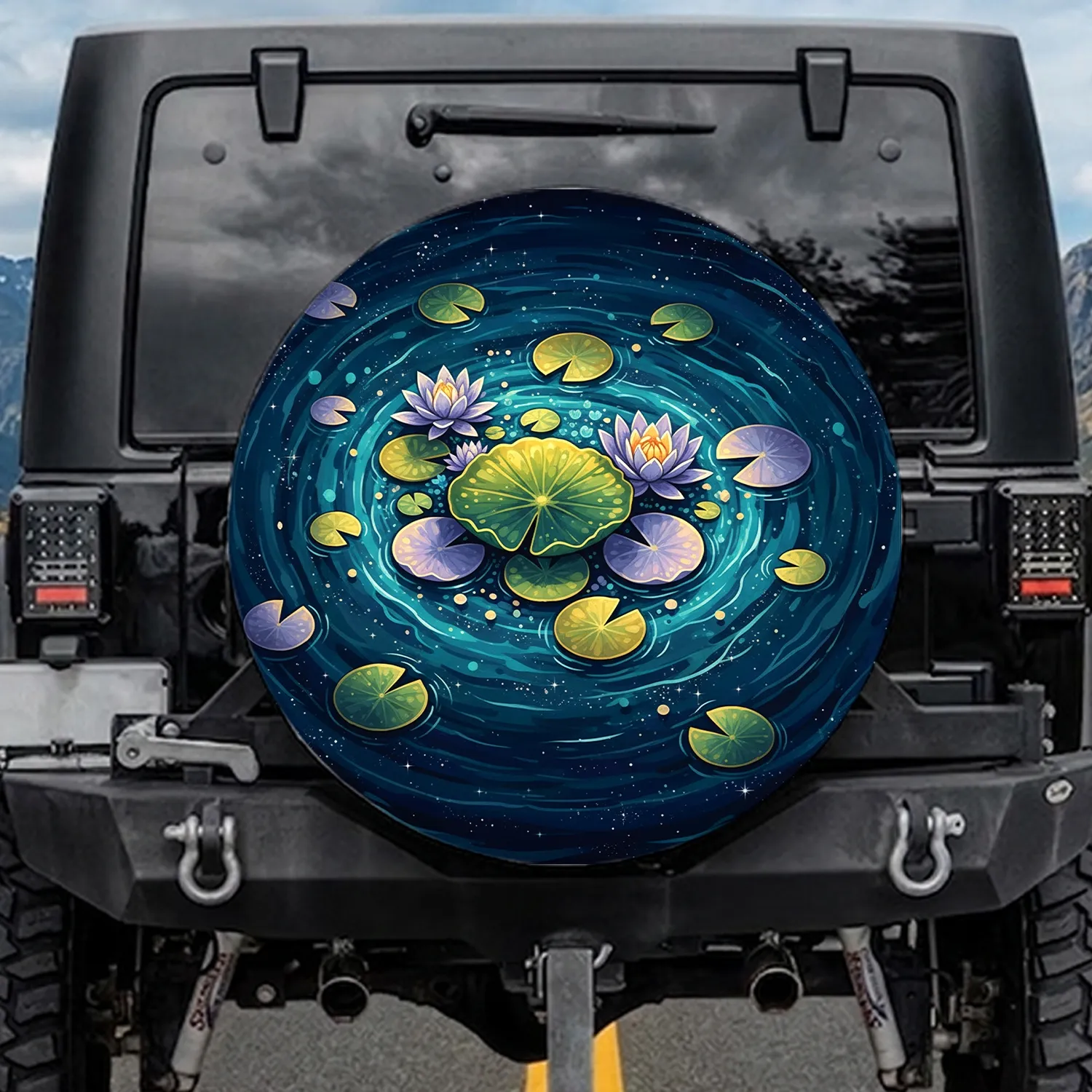 Large Lily Pad Cluster Swirling Water Cosmic Dust Glowing Specks - Home Decor Gift Spare Tire Cover - 1
