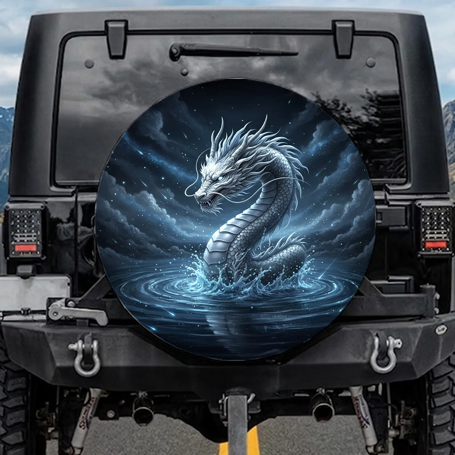 White Silver Oriental Dragon Emerging Dark Waters Night Sky - Fantasy Gift Spare Tire Cover - 1