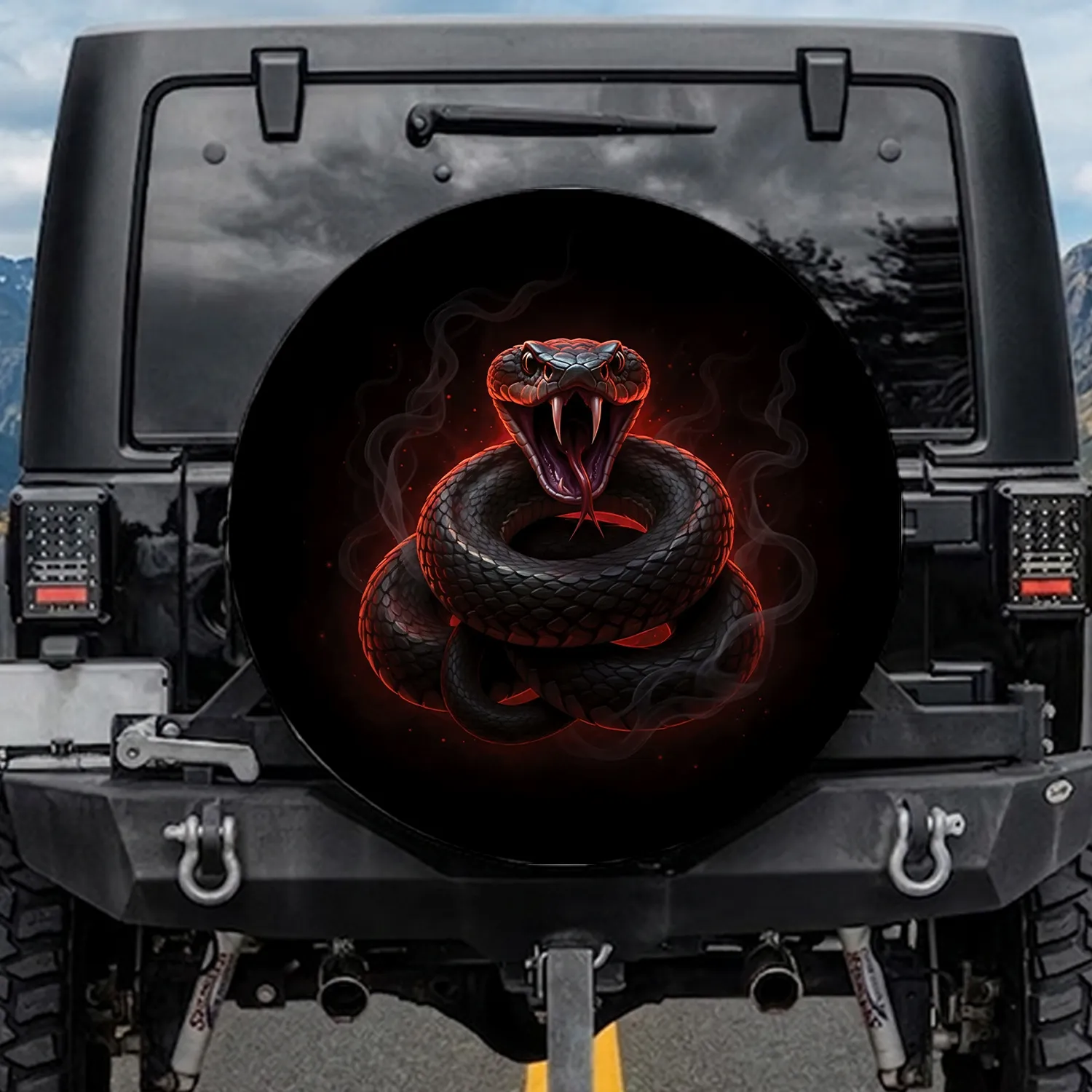 Black Viper Snake Coiled Fangs Red Tongue Smoke - Wildlife Lover Outdoor Adventure Gift Spare Tire Cover - 1