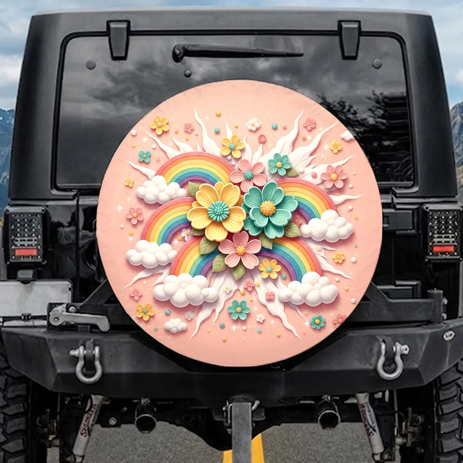Pastel Rainbow Clouds Sugar Flowers - Home Decor Gift Spare Tire Cover - 1