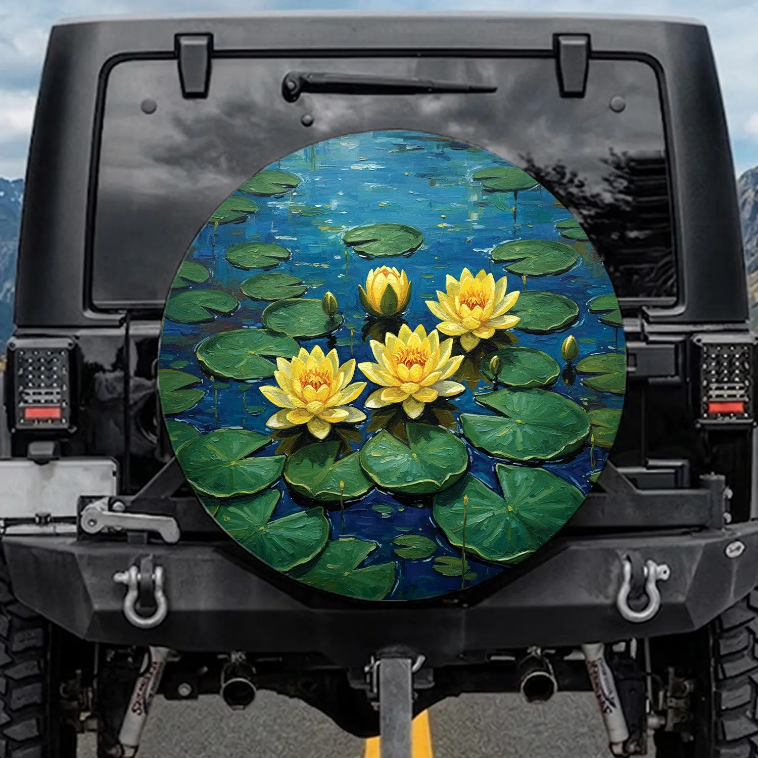 Water Lilies and Lily Pads Pond Surface Reflection - Nature Lover Outdoor Decor Spare Tire Cover - 1