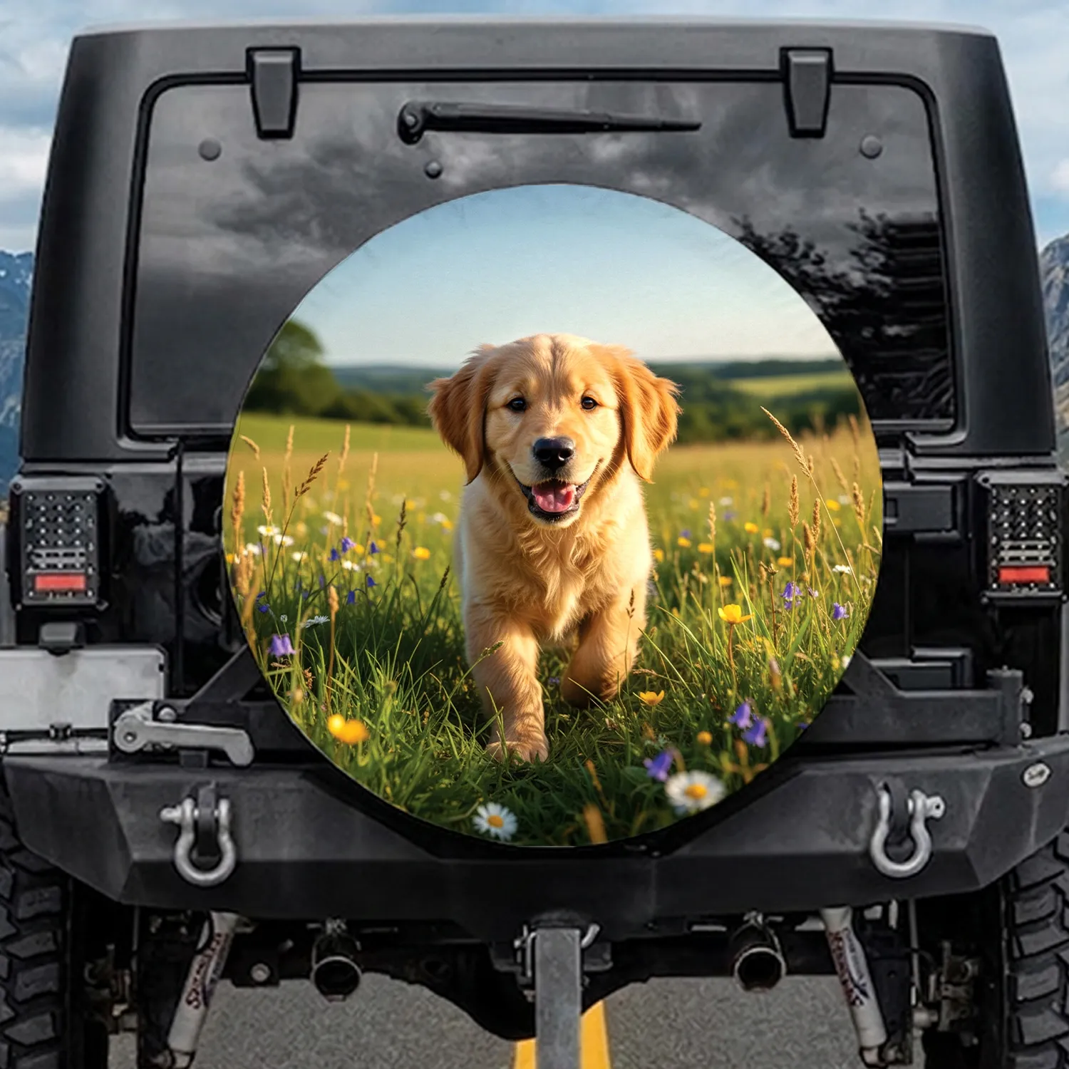 Fluffy Golden Retriever Puppy Running Sunlit Green Grass Landscape - Pet Lover Gift Spare Tire Cover - 1