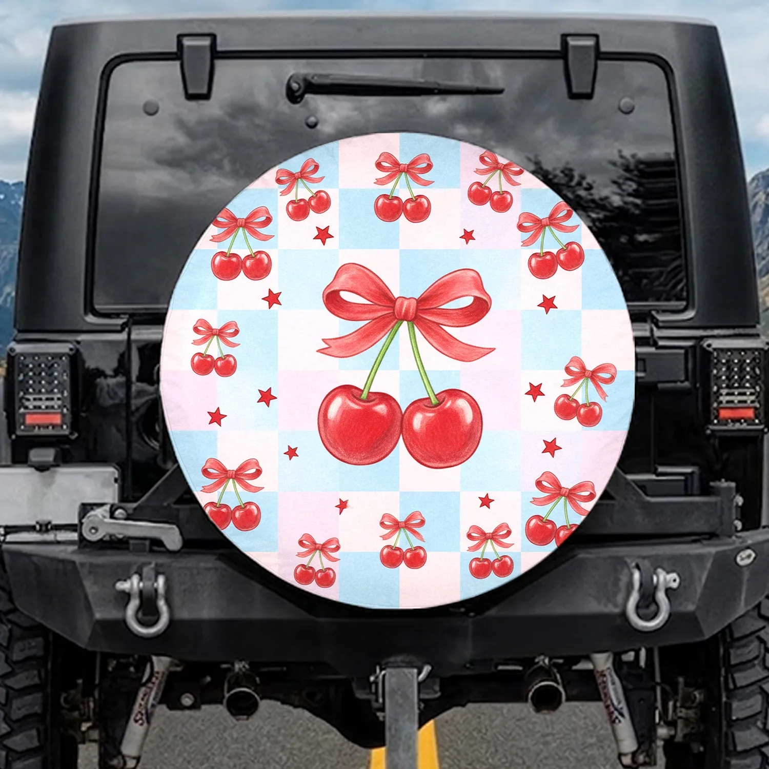 Red Cherries Tied Bow Pastel Checkerboard Home Decor Gift Spare Tire Cover - 1