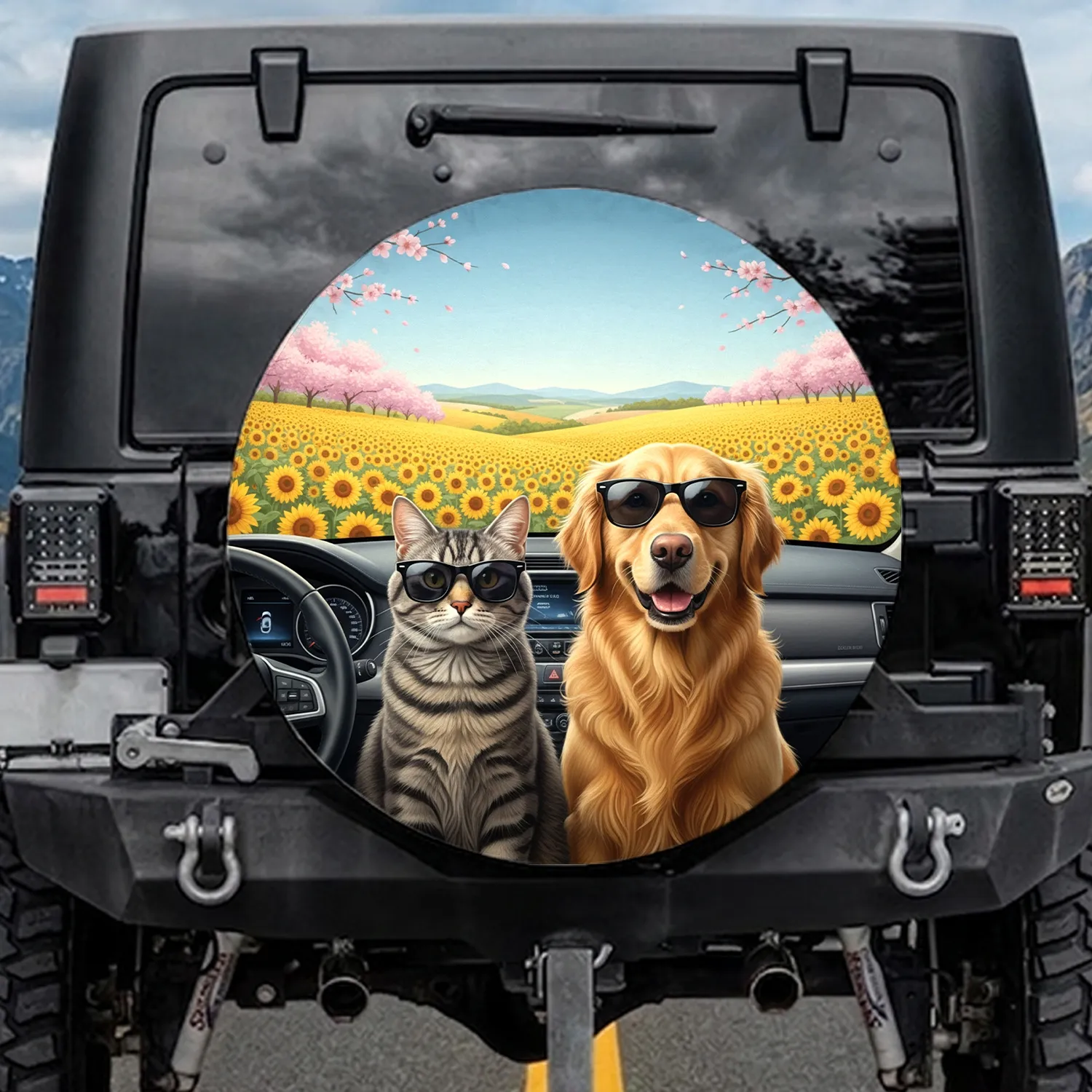Cool Tabby Cat Golden Retriever Sunglasses Sunny Flower Fields - Road Trip Gift Spare Tire Cover - 1