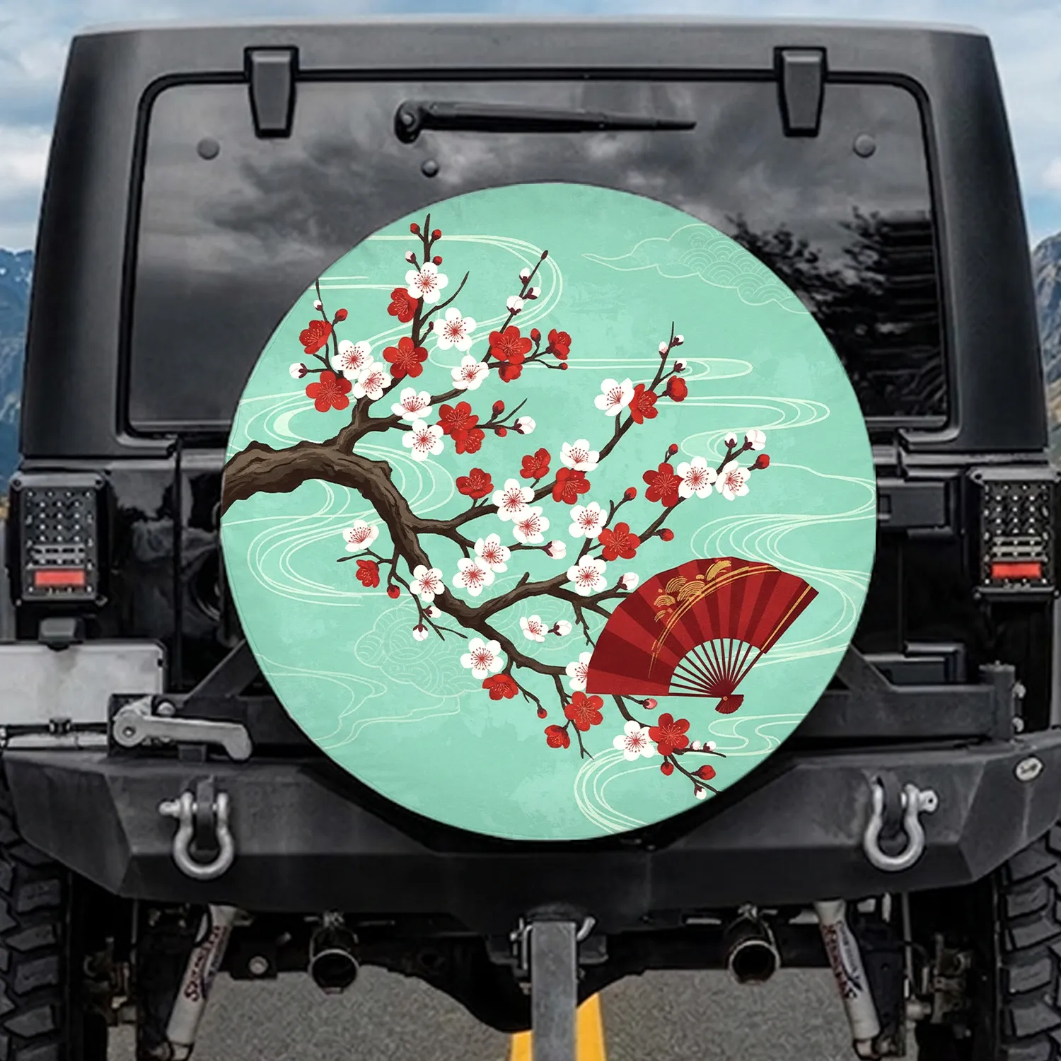 Cherry Blossom Tree Gnarled Branches Japanese Fan - Travel Essentials Gift for Vehicle Owners Spare Tire Cover - 1