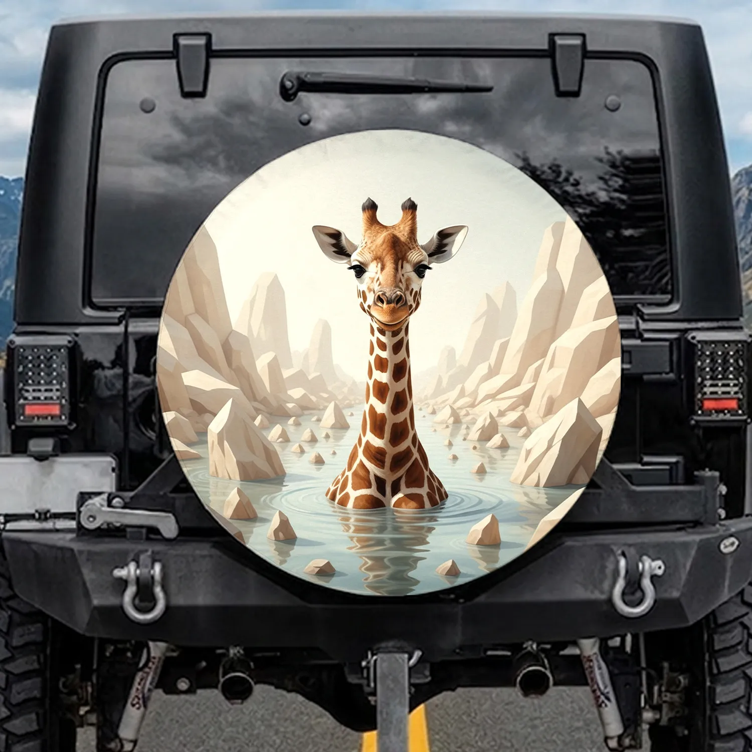 Majestic Young Giraffe Cream Spots Light Blue Water - Giraffe Lover Wildlife Gift Spare Tire Cover - 1
